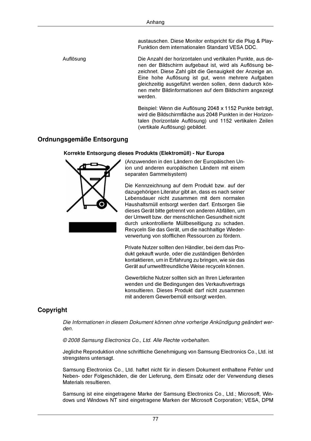 Samsung LS23MYZABC/EDC Ordnungsgemäße Entsorgung, Copyright, Korrekte Entsorgung dieses Produkts Elektromüll Nur Europa 