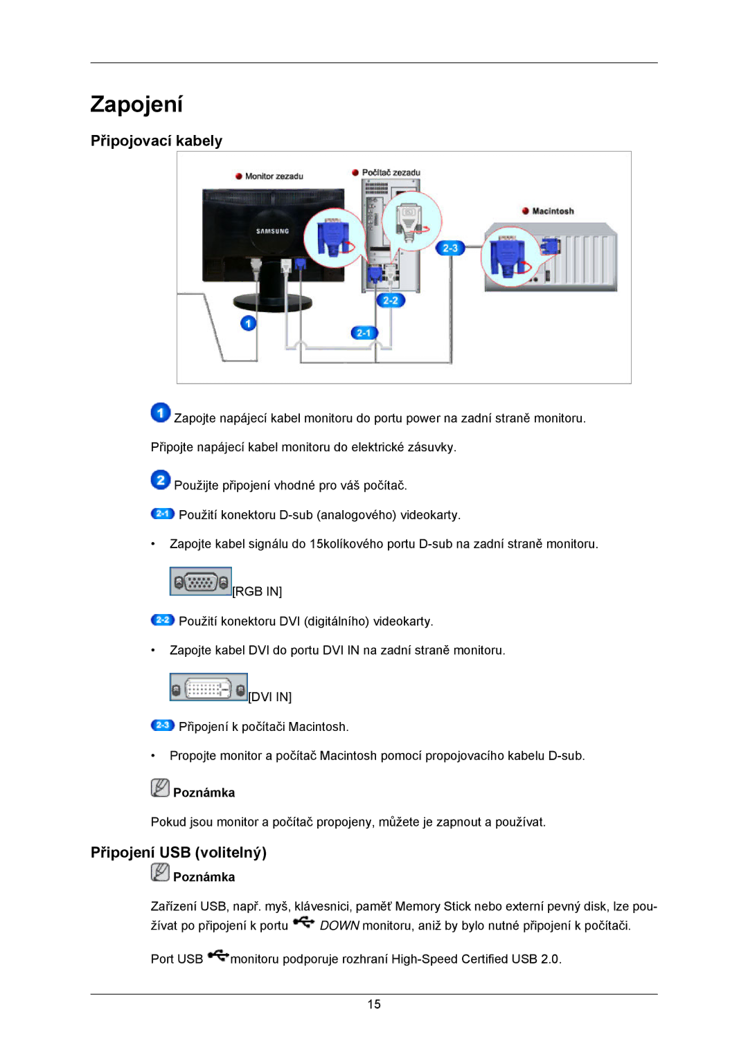 Samsung LS23MYZABC/EDC, LS23MYZABCA/EN manual Zapojení, Připojovací kabely, Připojení USB volitelný 