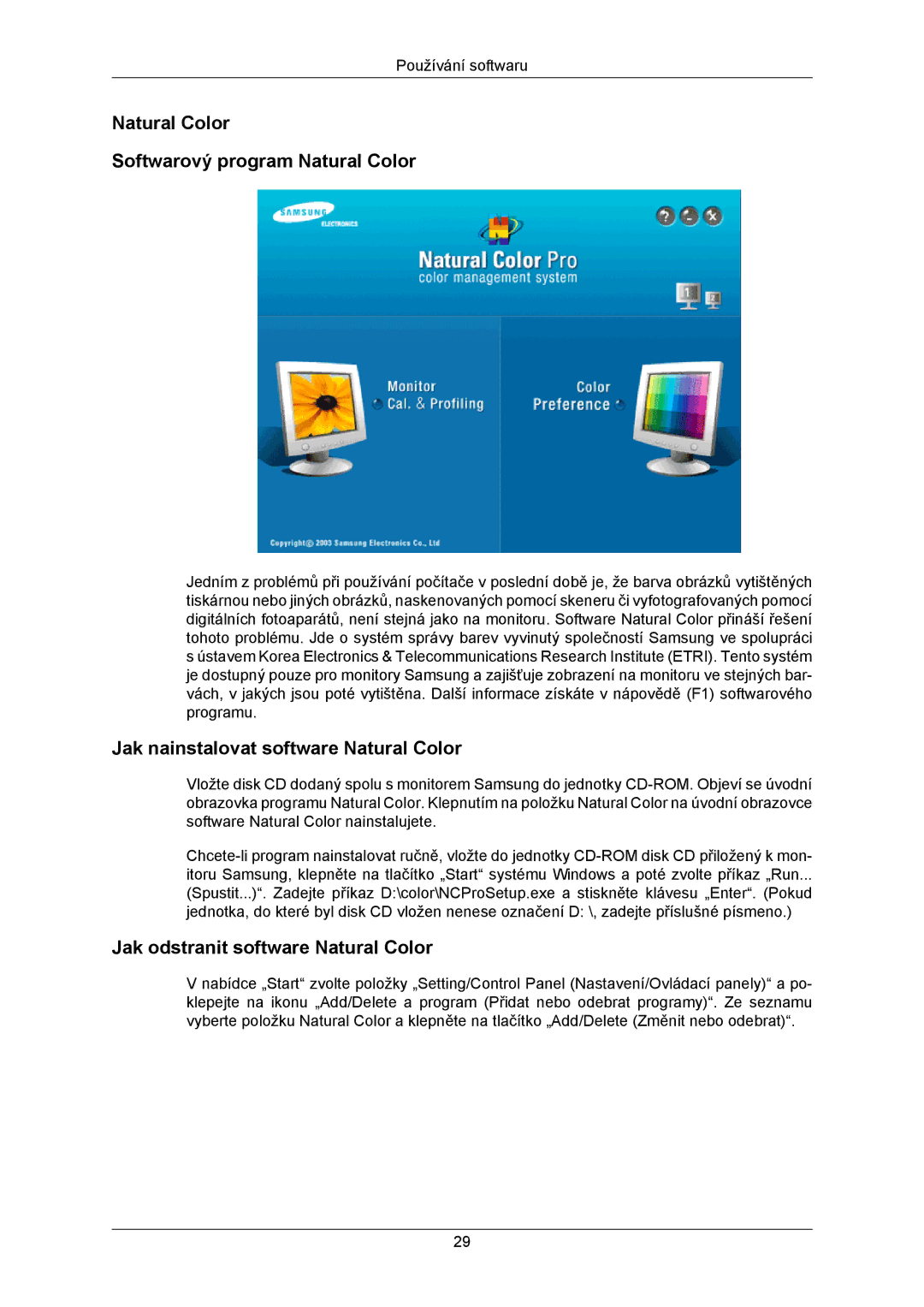 Samsung LS23MYZABC/EDC manual Natural Color Softwarový program Natural Color, Jak nainstalovat software Natural Color 
