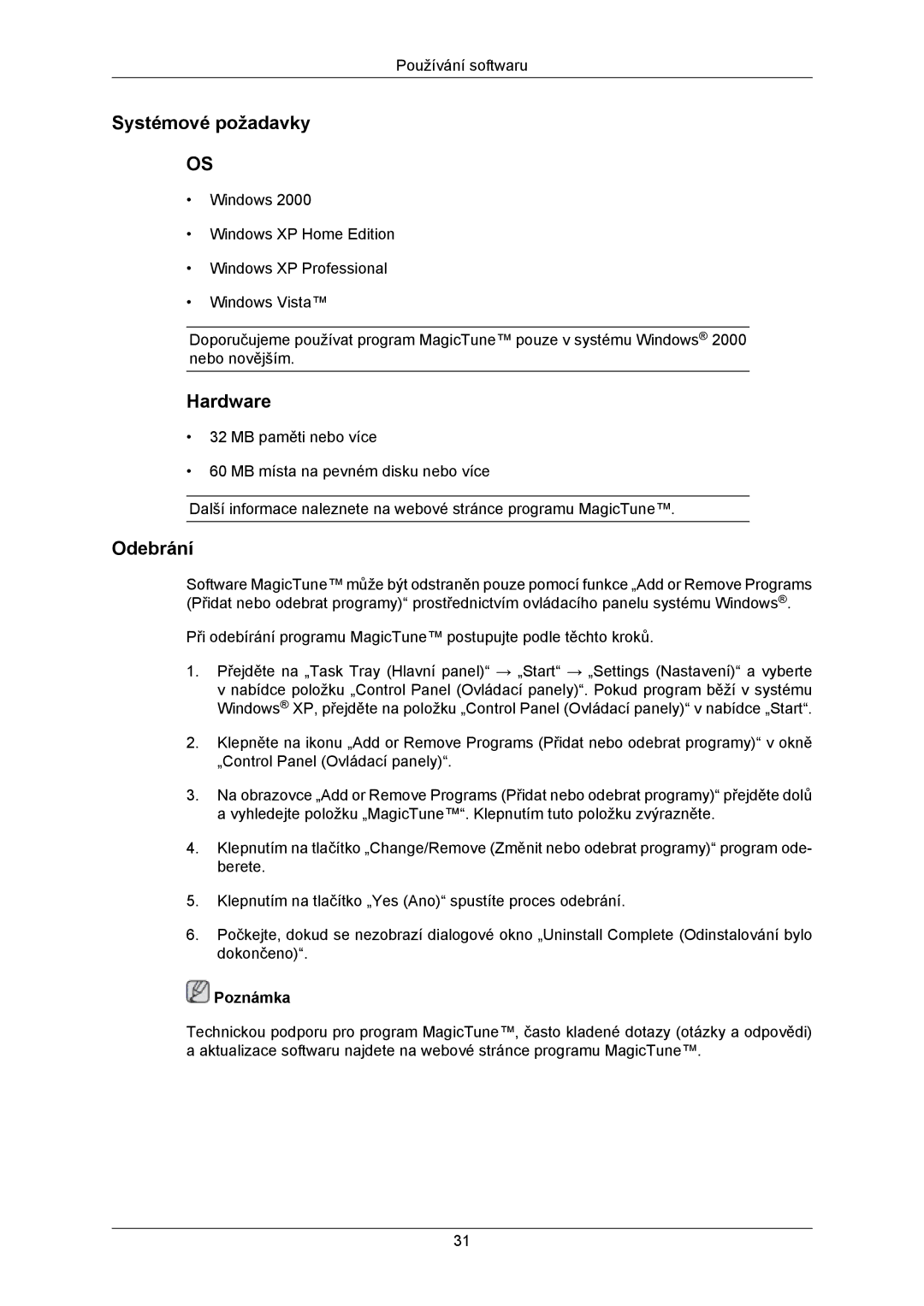 Samsung LS23MYZABC/EDC, LS23MYZABCA/EN manual Systémové požadavky, Hardware, Odebrání 