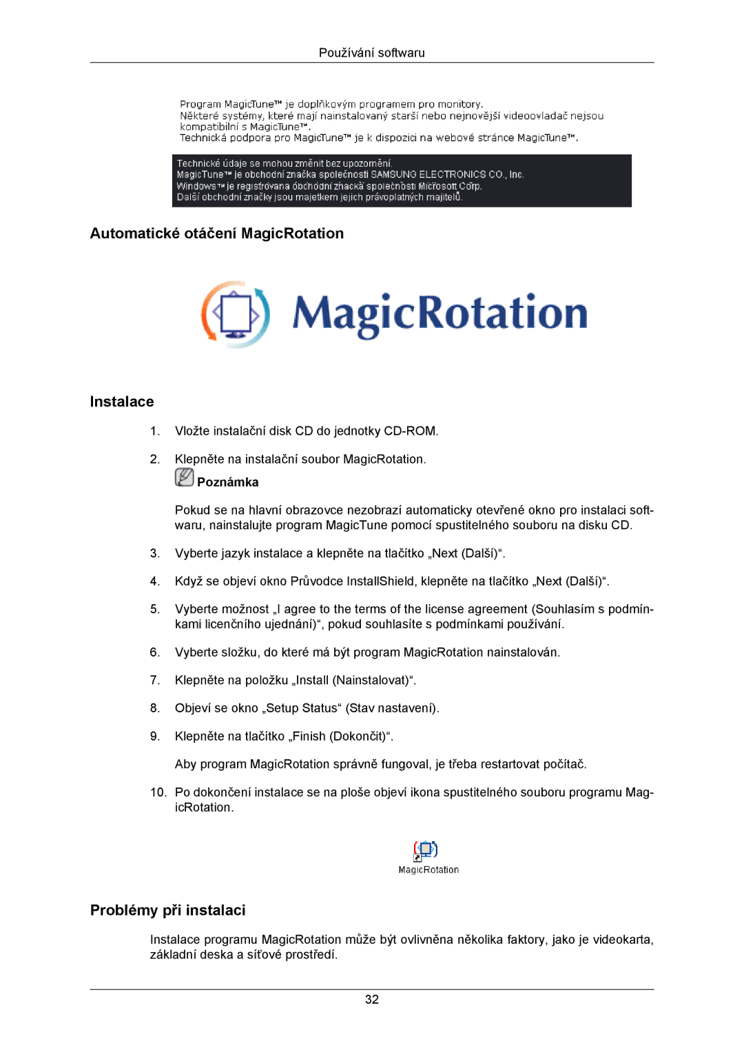 Samsung LS23MYZABCA/EN, LS23MYZABC/EDC manual Automatické otáčení MagicRotation Instalace 