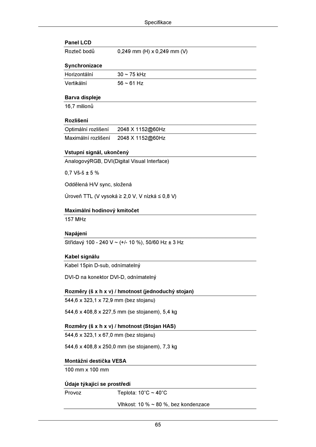 Samsung LS23MYZABC/EDC, LS23MYZABCA/EN manual Rozteč bodů Mm H x 0,249 mm 