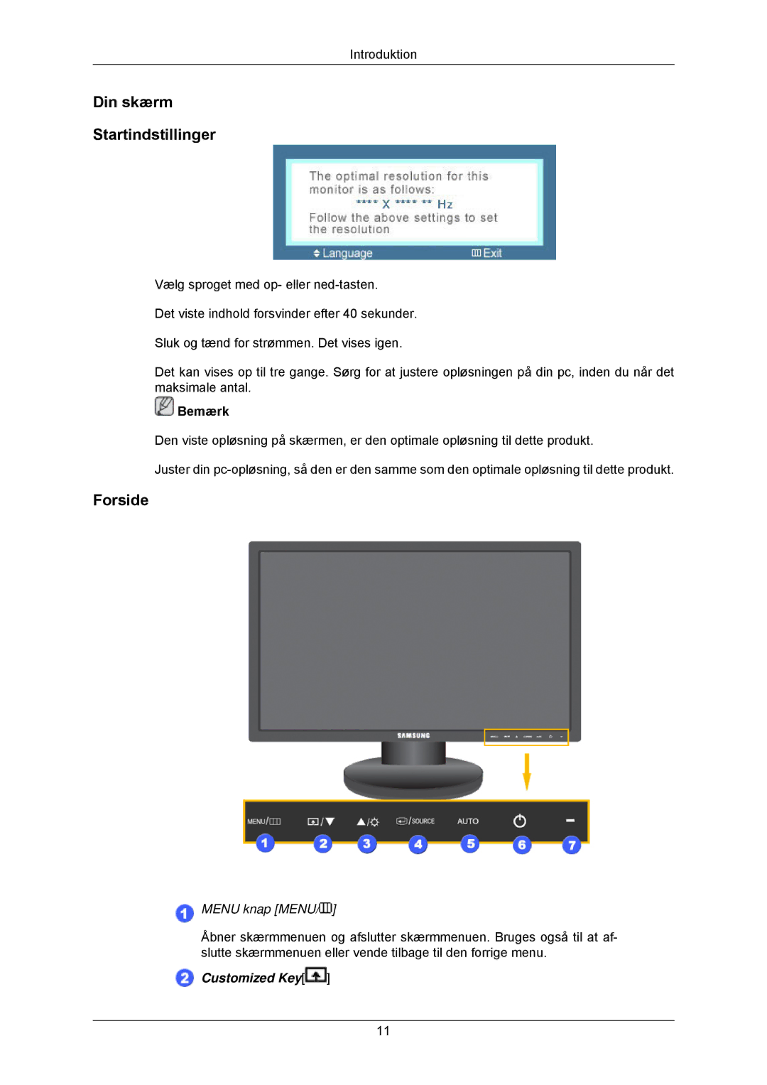 Samsung LS23MYZABC/EDC, LS23MYZABCA/EN manual Din skærm Startindstillinger, Forside 