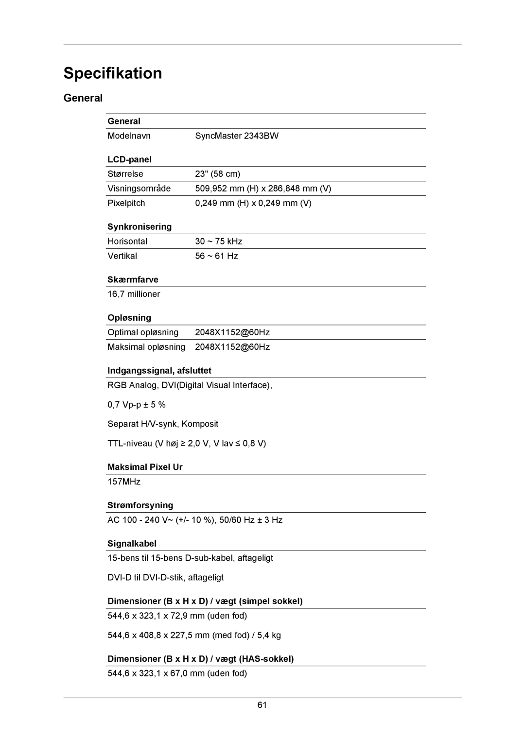 Samsung LS23MYZABC/EDC, LS23MYZABCA/EN manual Specifikation, General 