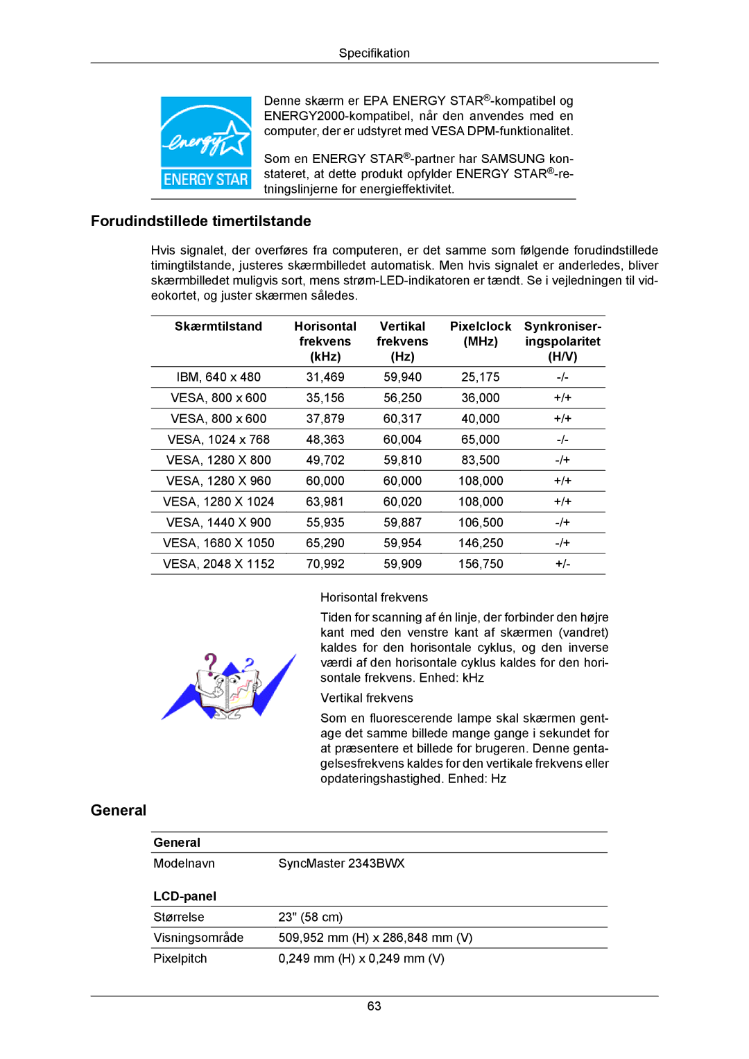 Samsung LS23MYZABC/EDC, LS23MYZABCA/EN manual Forudindstillede timertilstande, Skærmtilstand Horisontal, Synkroniser 