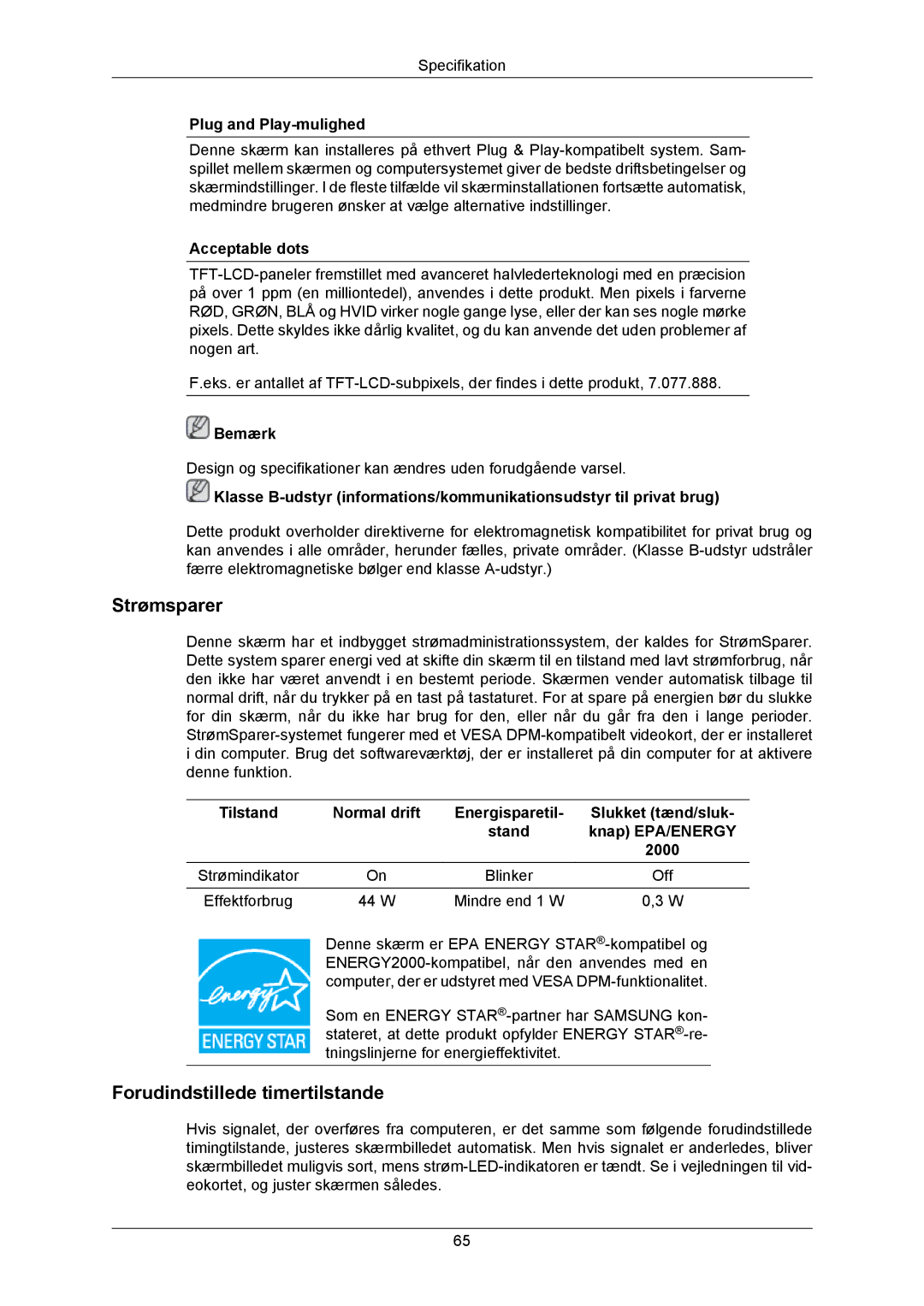 Samsung LS23MYZABC/EDC, LS23MYZABCA/EN manual Strømsparer 