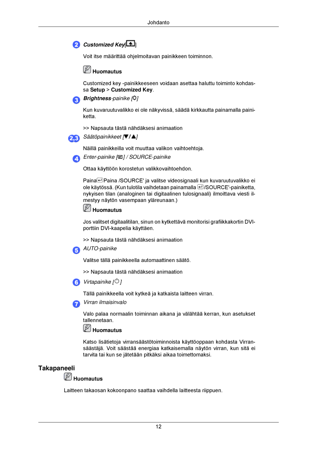 Samsung LS23MYZABCA/EN, LS23MYZABC/EDC manual Takapaneeli, Customized Key 