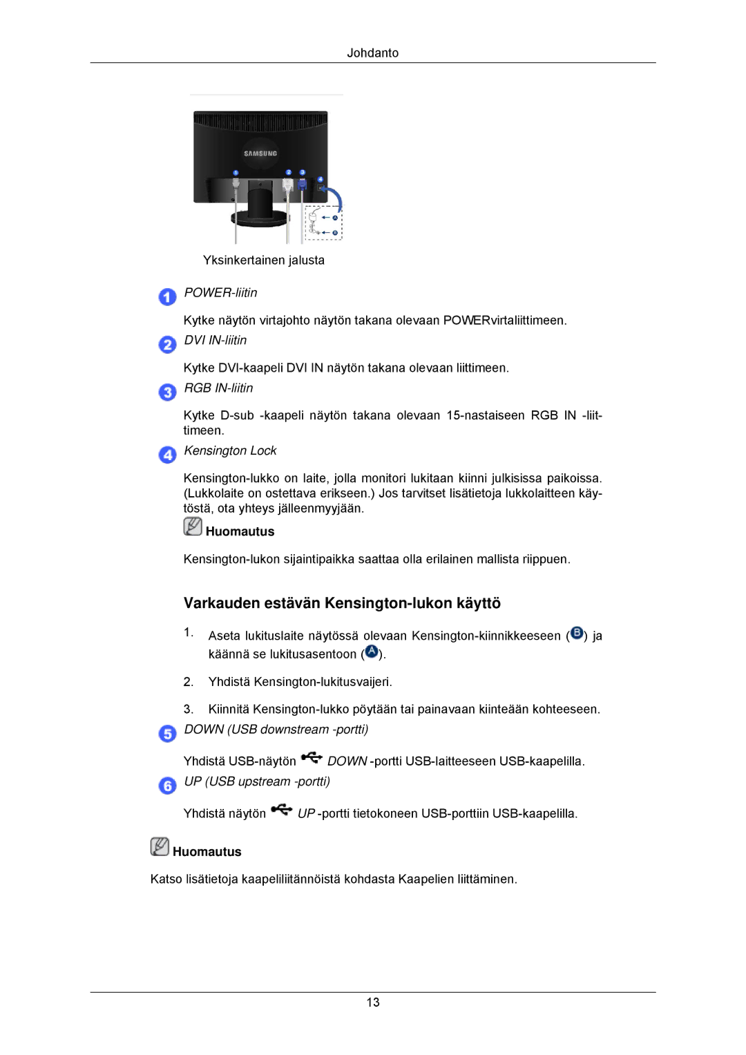 Samsung LS23MYZABC/EDC, LS23MYZABCA/EN manual Varkauden estävän Kensington-lukon käyttö, Kensington Lock 