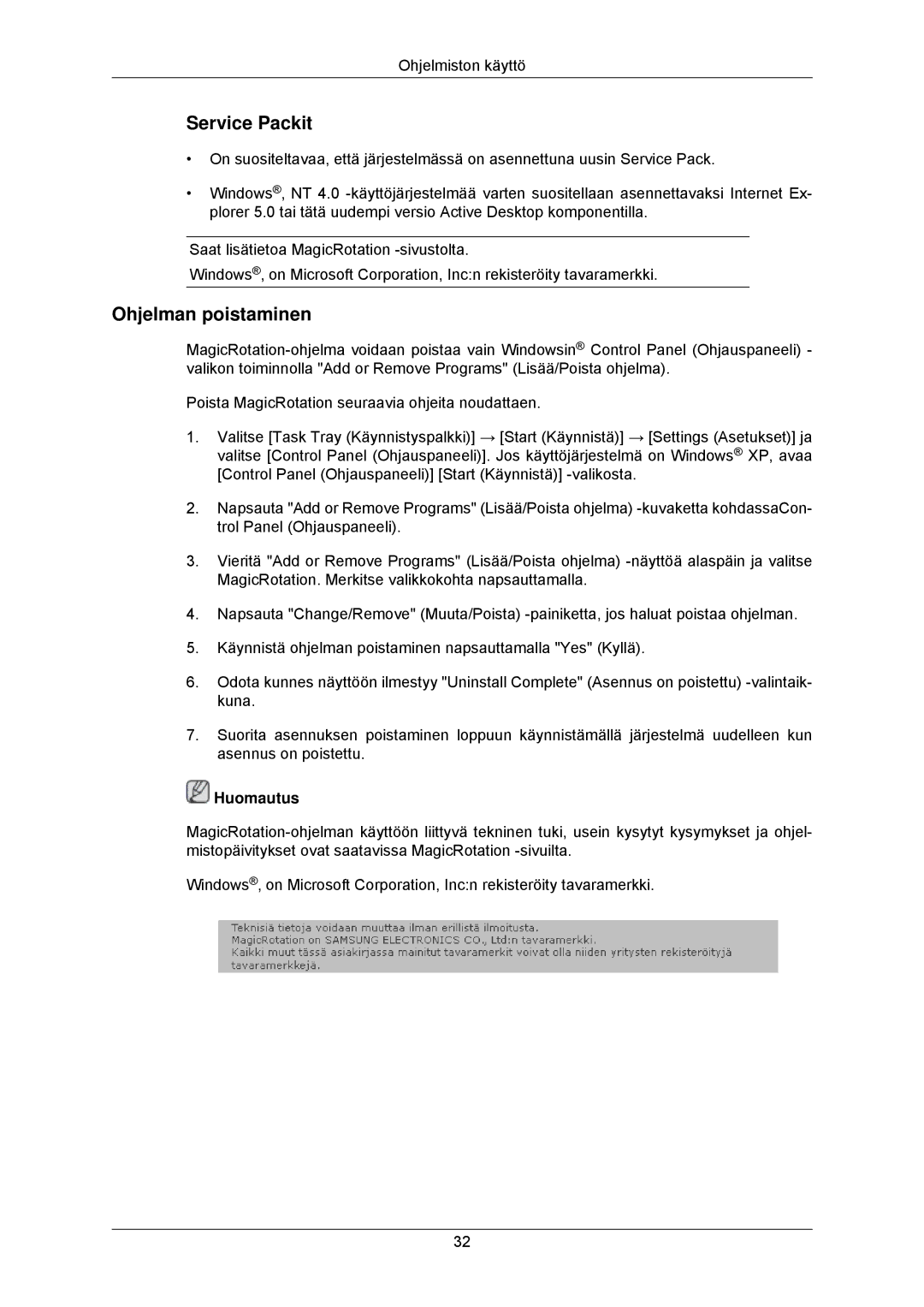 Samsung LS23MYZABCA/EN, LS23MYZABC/EDC manual Service Packit, Ohjelman poistaminen 