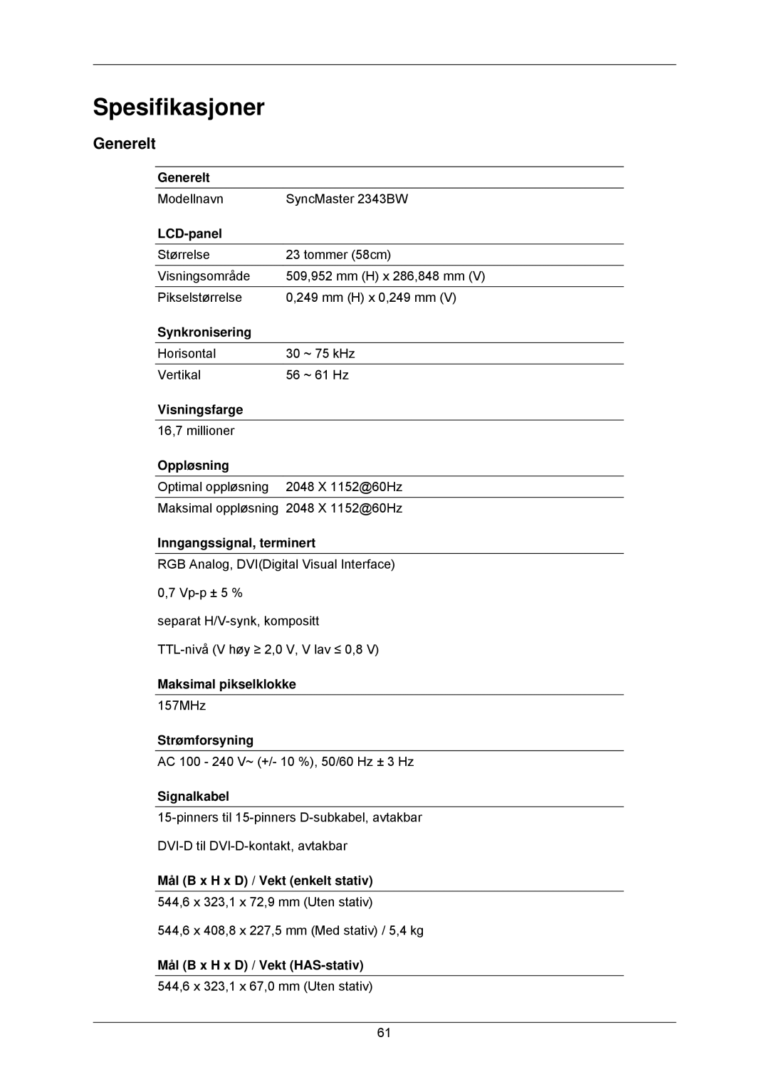 Samsung LS23MYZABC/EDC, LS23MYZABCA/EN manual Spesifikasjoner, Generelt 