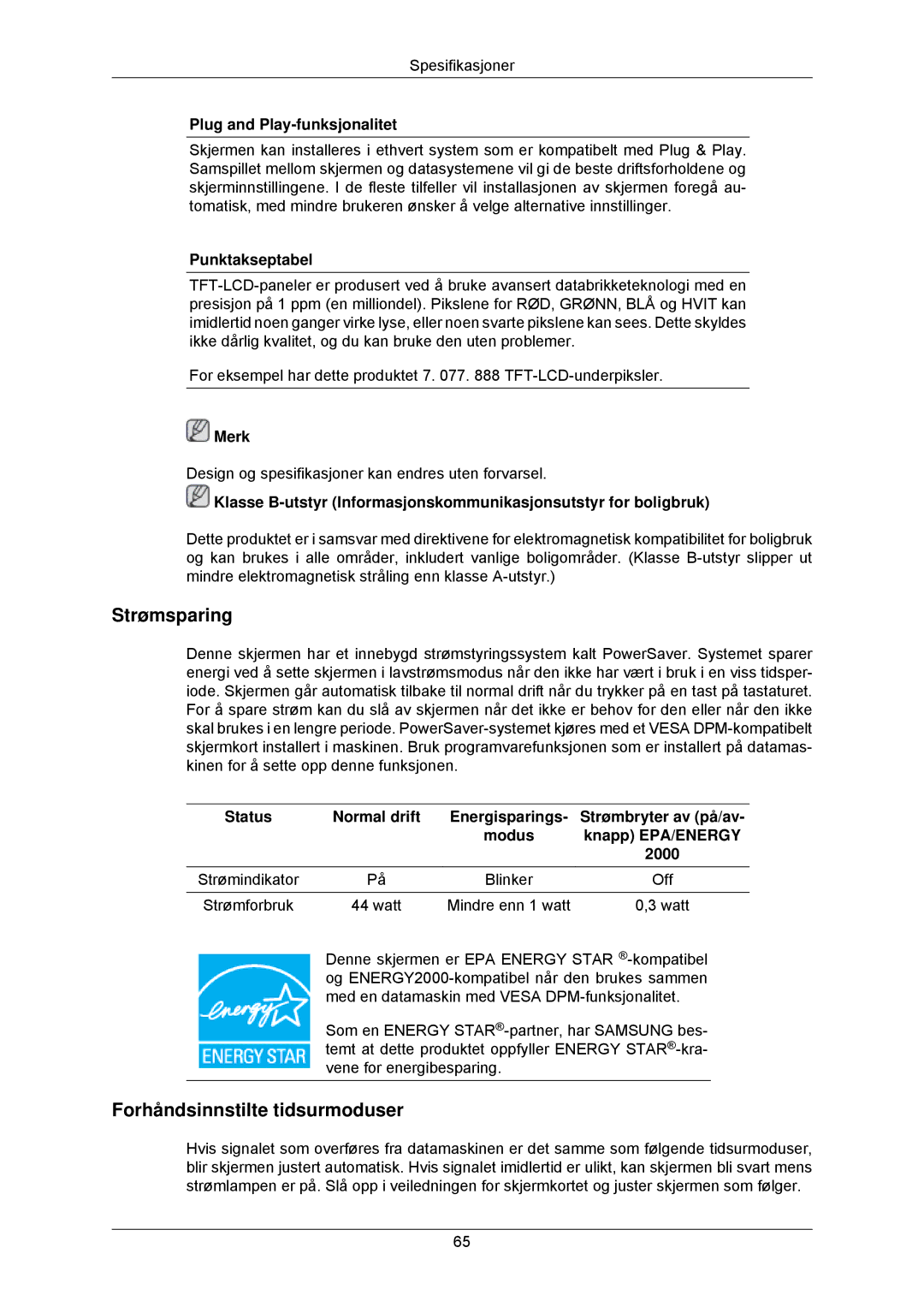 Samsung LS23MYZABC/EDC, LS23MYZABCA/EN manual Strømsparing 