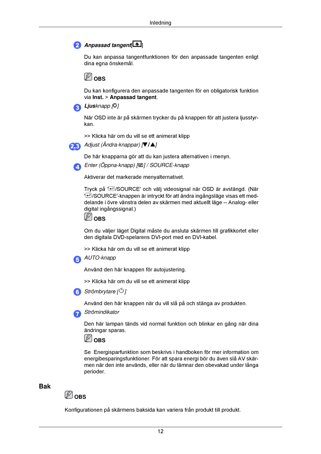 Samsung LS23MYZABCA/EN, LS23MYZABC/EDC manual Bak, Anpassad tangent 