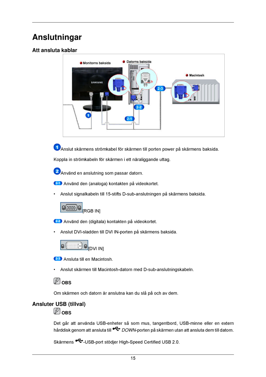 Samsung LS23MYZABC/EDC, LS23MYZABCA/EN manual Anslutningar, Att ansluta kablar, Ansluter USB tillval 