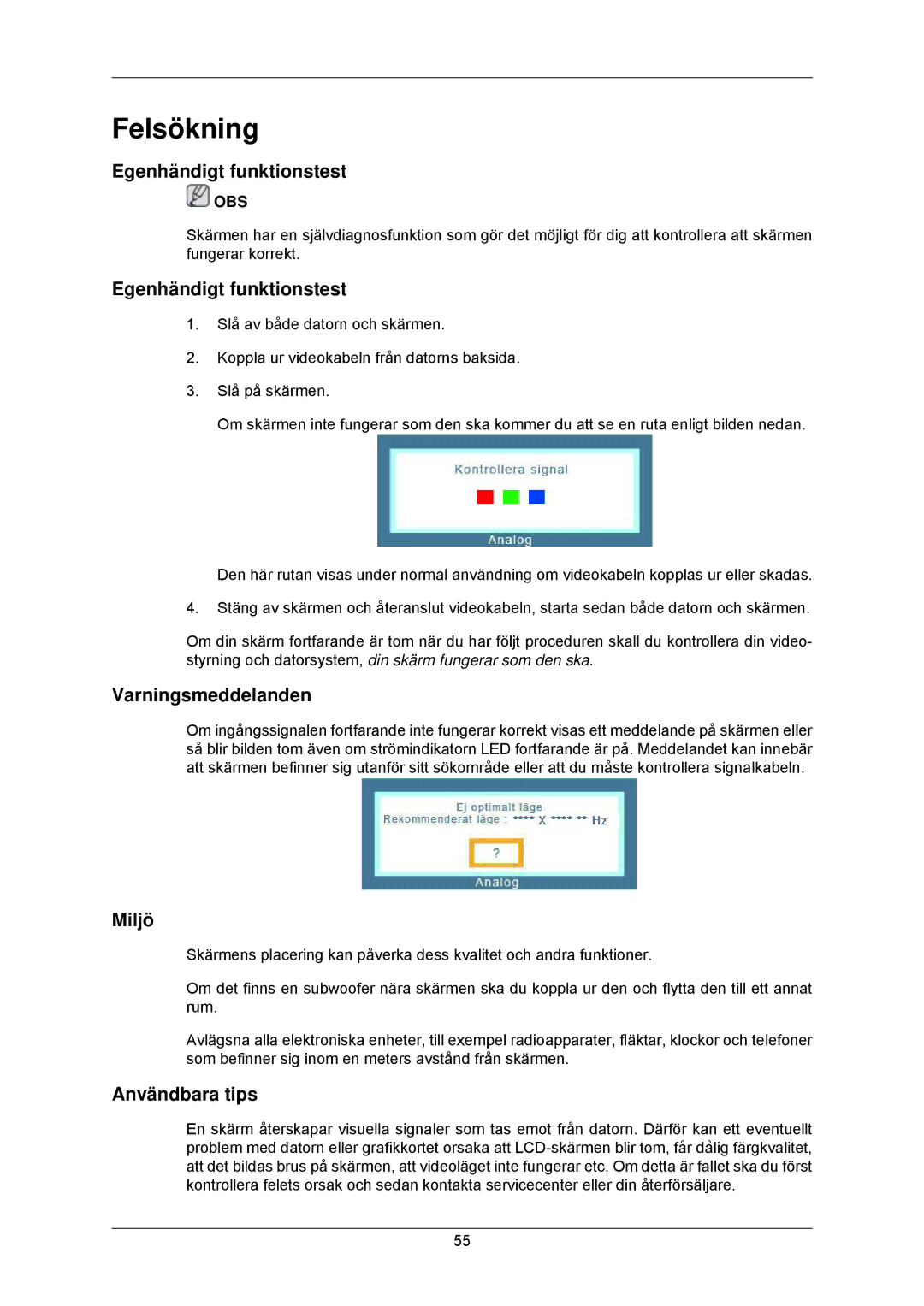 Samsung LS23MYZABC/EDC, LS23MYZABCA/EN Felsökning, Egenhändigt funktionstest, Varningsmeddelanden, Miljö, Användbara tips 