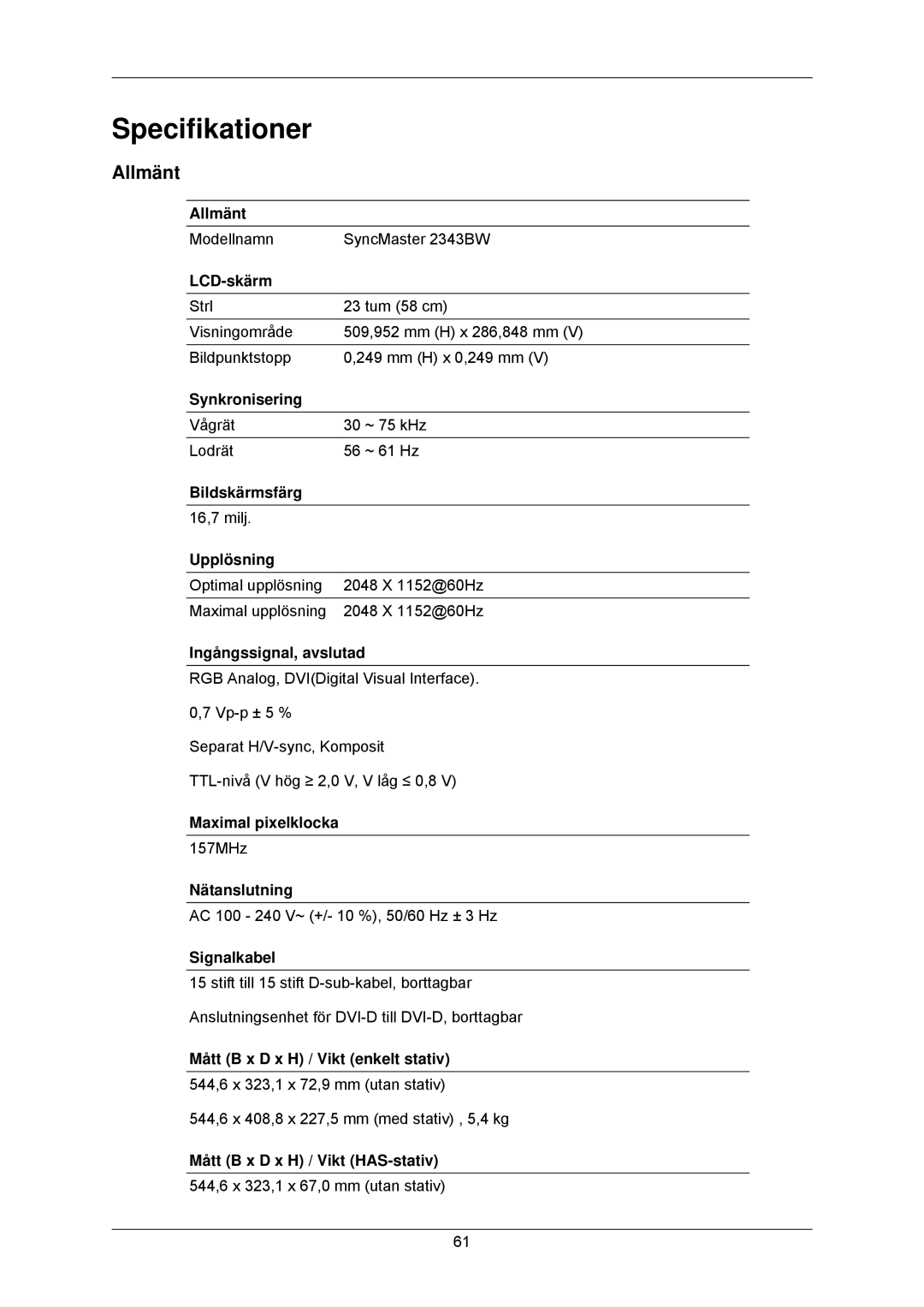 Samsung LS23MYZABC/EDC, LS23MYZABCA/EN manual Specifikationer, Allmänt 