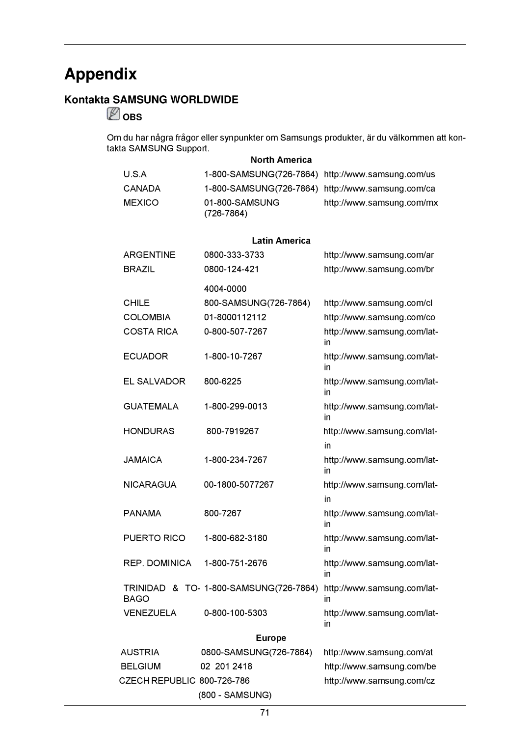 Samsung LS23MYZABC/EDC, LS23MYZABCA/EN manual Appendix, Kontakta Samsung Worldwide, North America, Latin America, Europe 