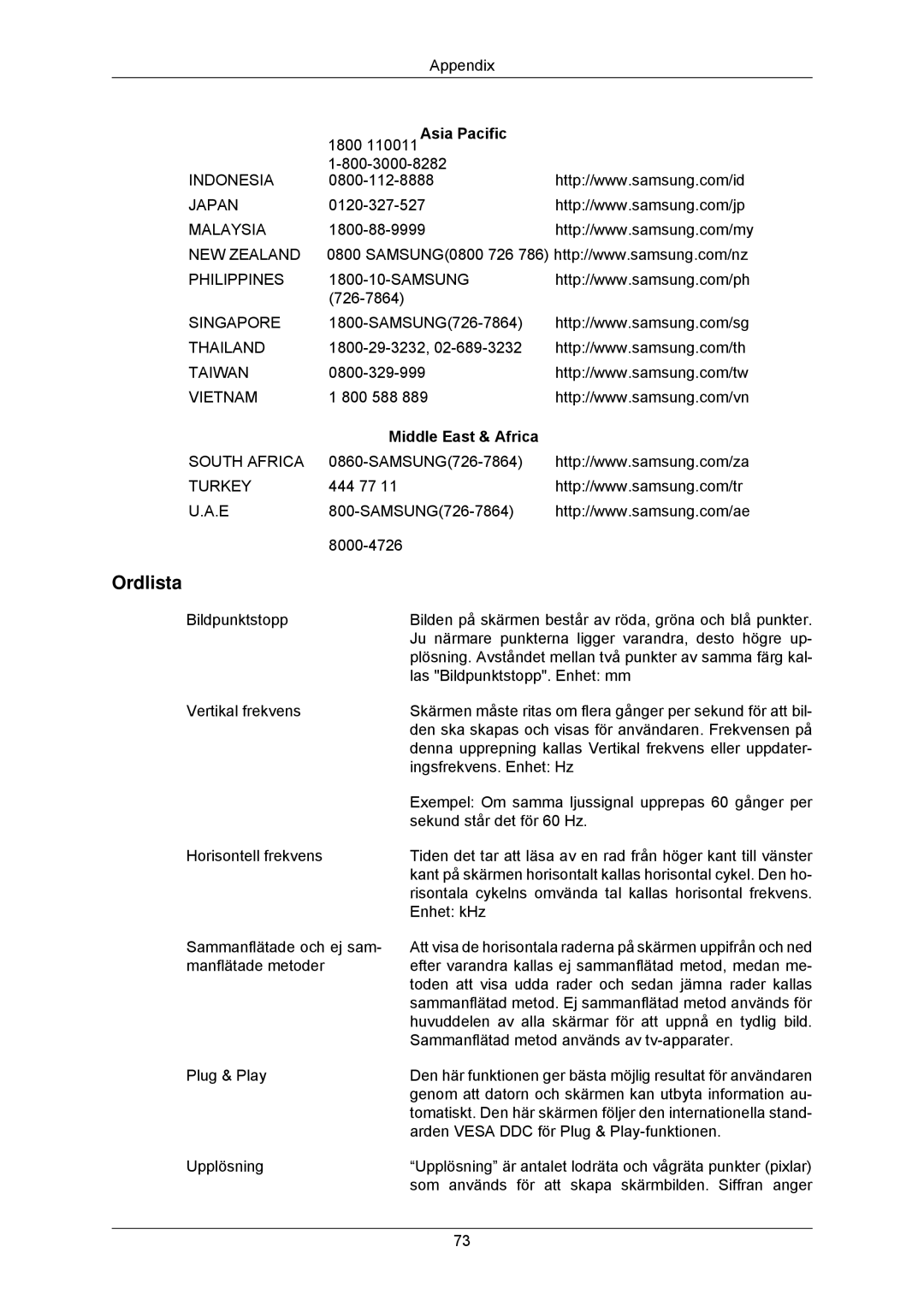 Samsung LS23MYZABC/EDC, LS23MYZABCA/EN manual Ordlista, Middle East & Africa 