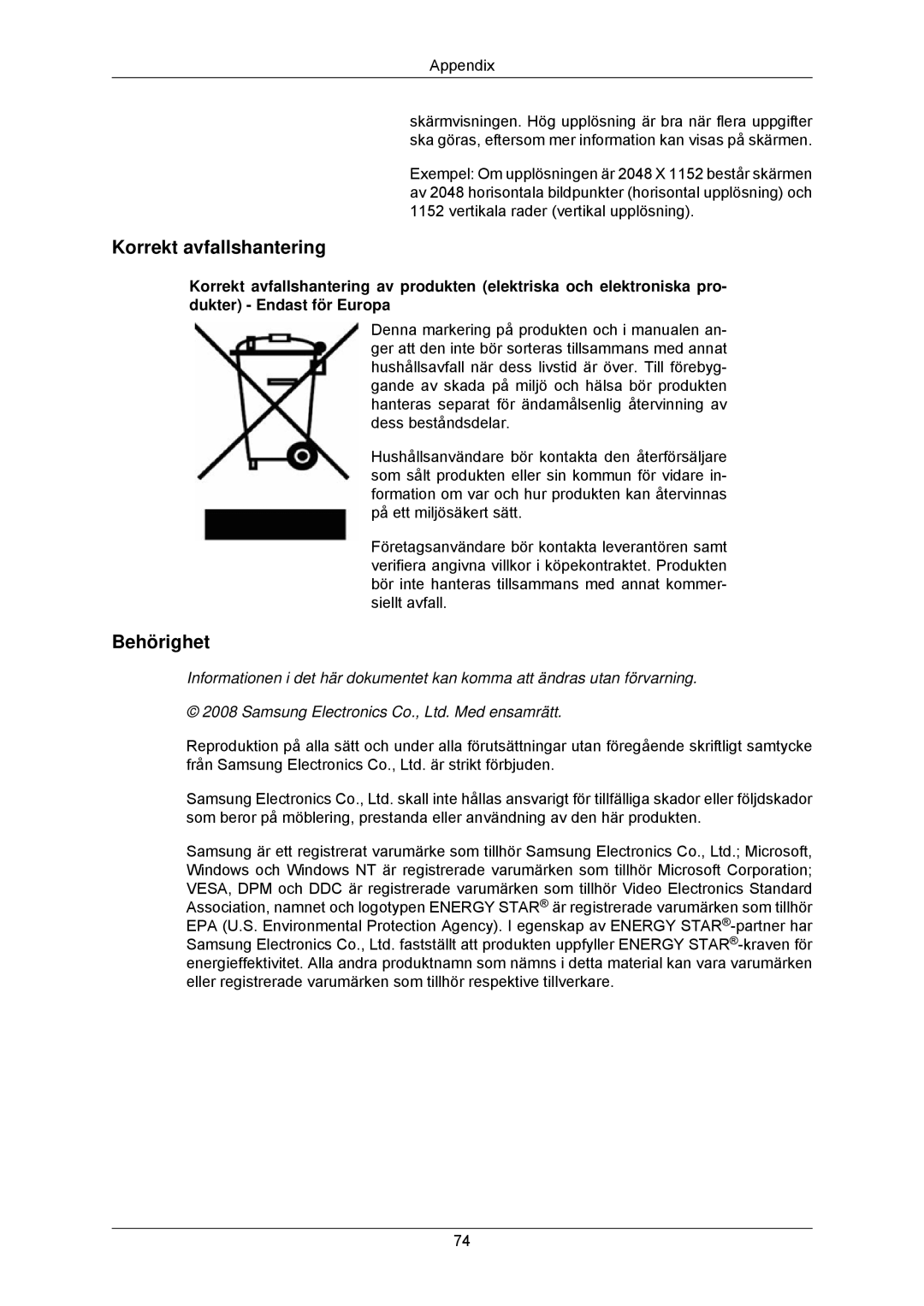 Samsung LS23MYZABCA/EN, LS23MYZABC/EDC manual Korrekt avfallshantering, Behörighet 