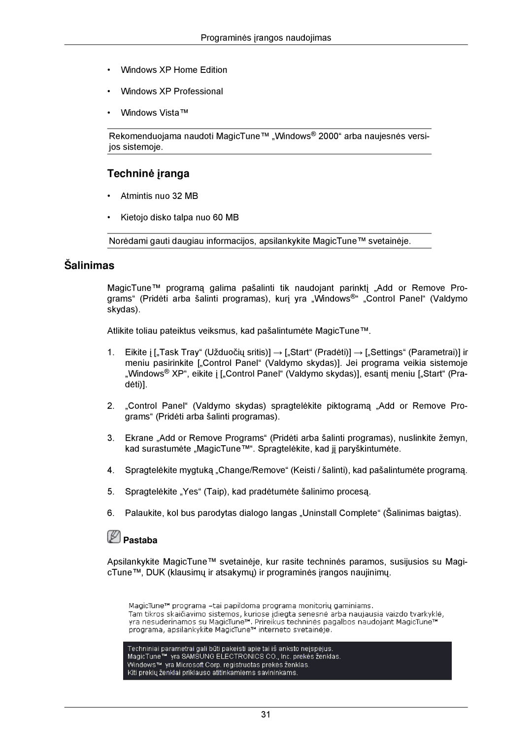 Samsung LS23MYZABC/EDC, LS23MYZABCA/EN manual Techninė įranga, Šalinimas 