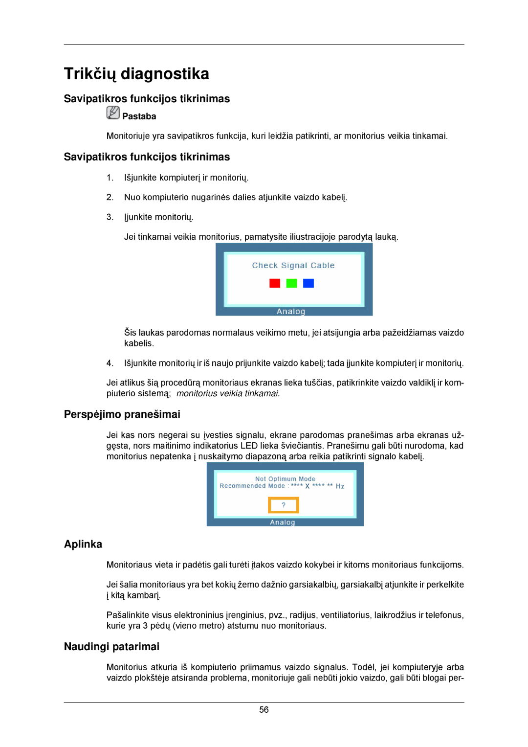 Samsung LS23MYZABCA/EN manual Trikčių diagnostika, Savipatikros funkcijos tikrinimas, Perspėjimo pranešimai, Aplinka 