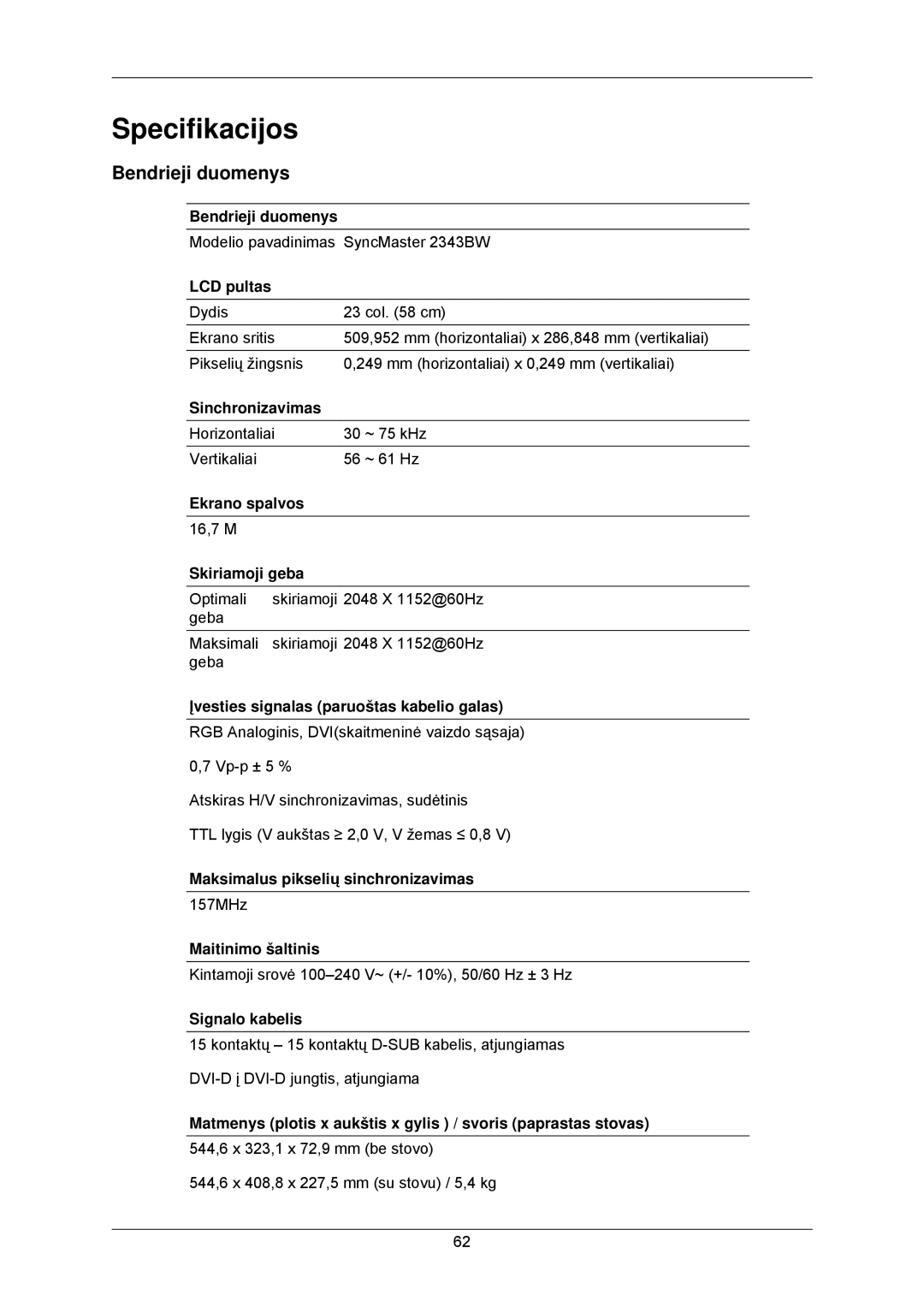 Samsung LS23MYZABCA/EN, LS23MYZABC/EDC manual Specifikacijos, Bendrieji duomenys 