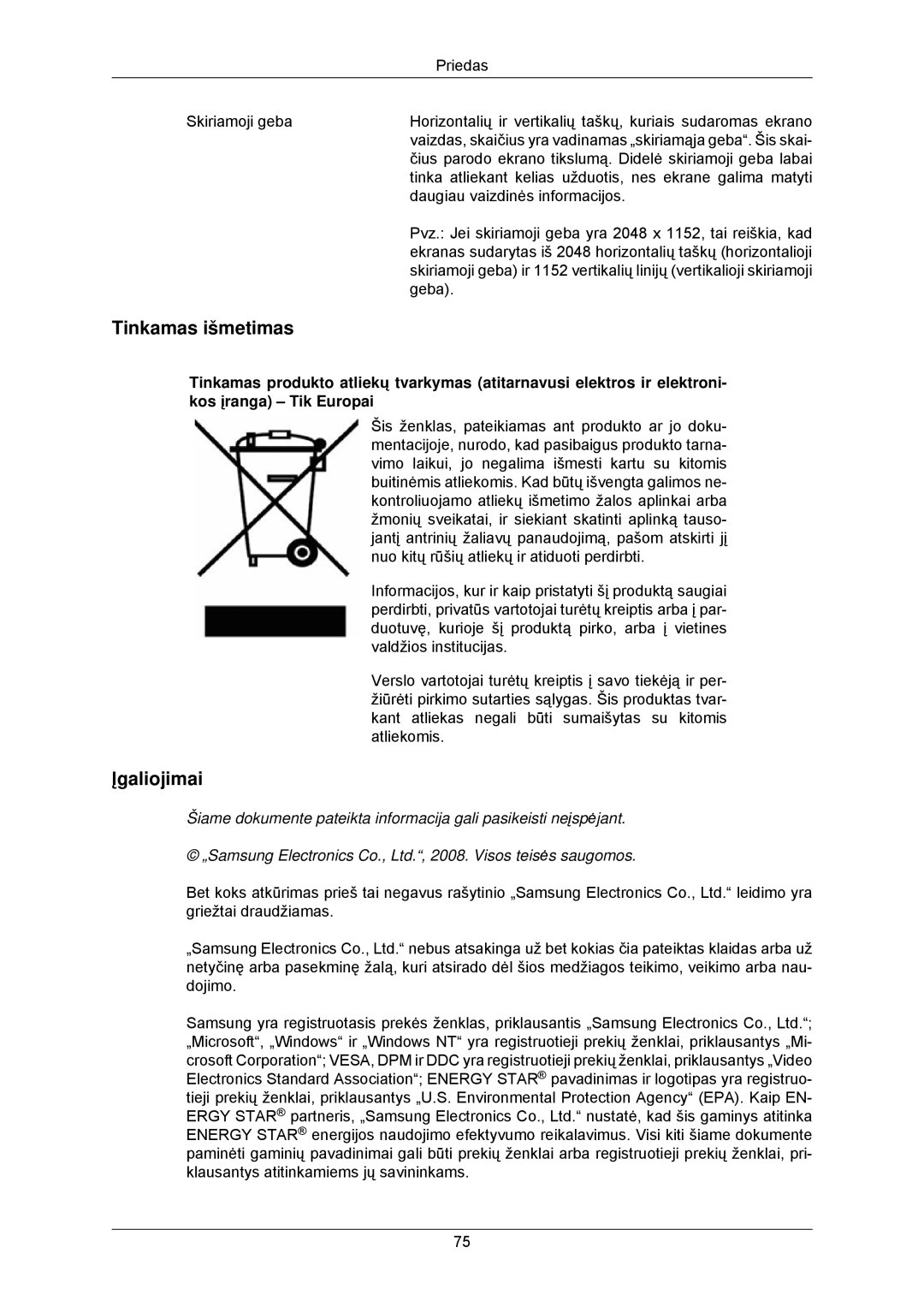 Samsung LS23MYZABC/EDC, LS23MYZABCA/EN manual Tinkamas išmetimas, Įgaliojimai 