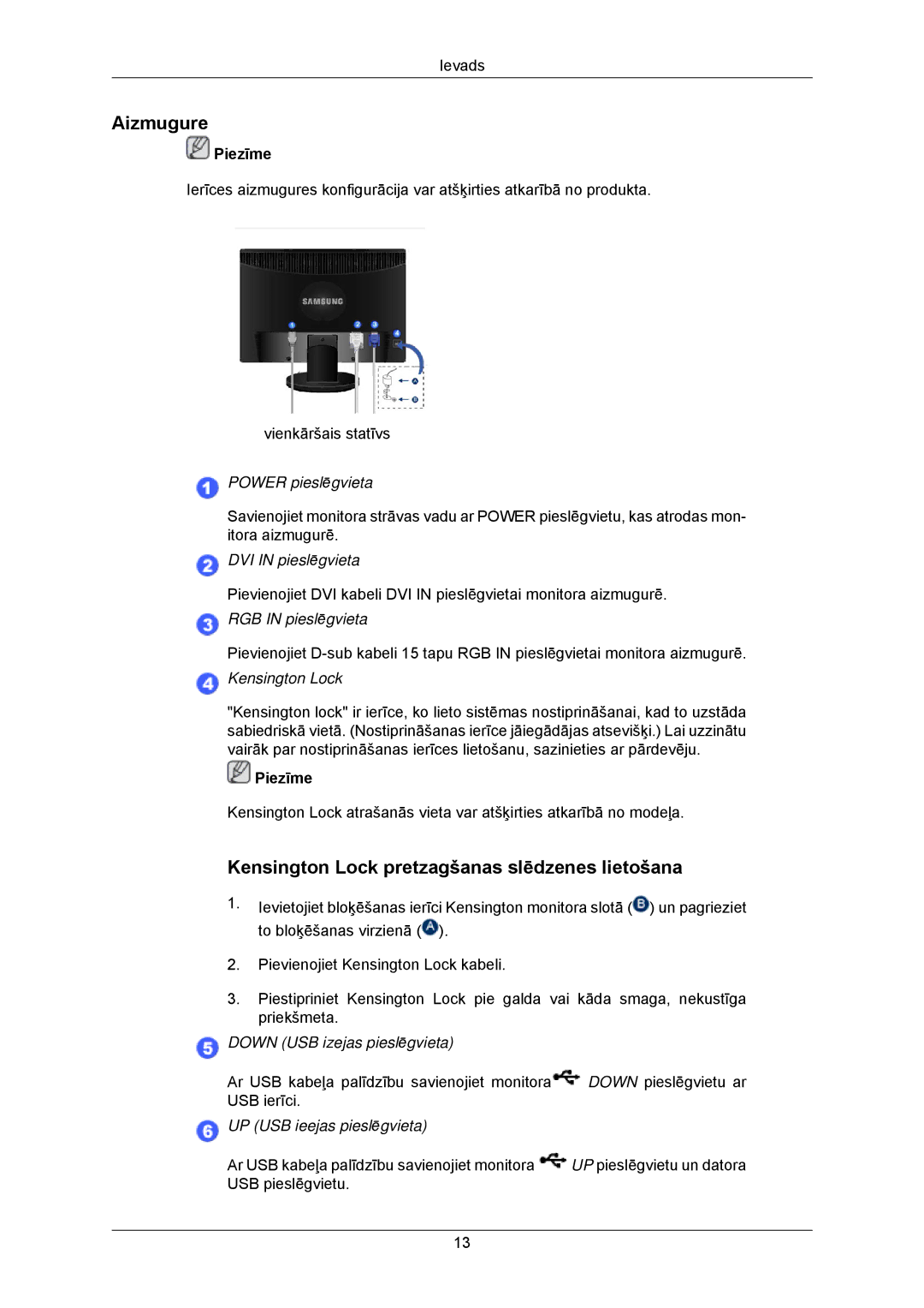 Samsung LS23MYZABC/EDC, LS23MYZABCA/EN manual Aizmugure, Kensington Lock pretzagšanas slēdzenes lietošana 