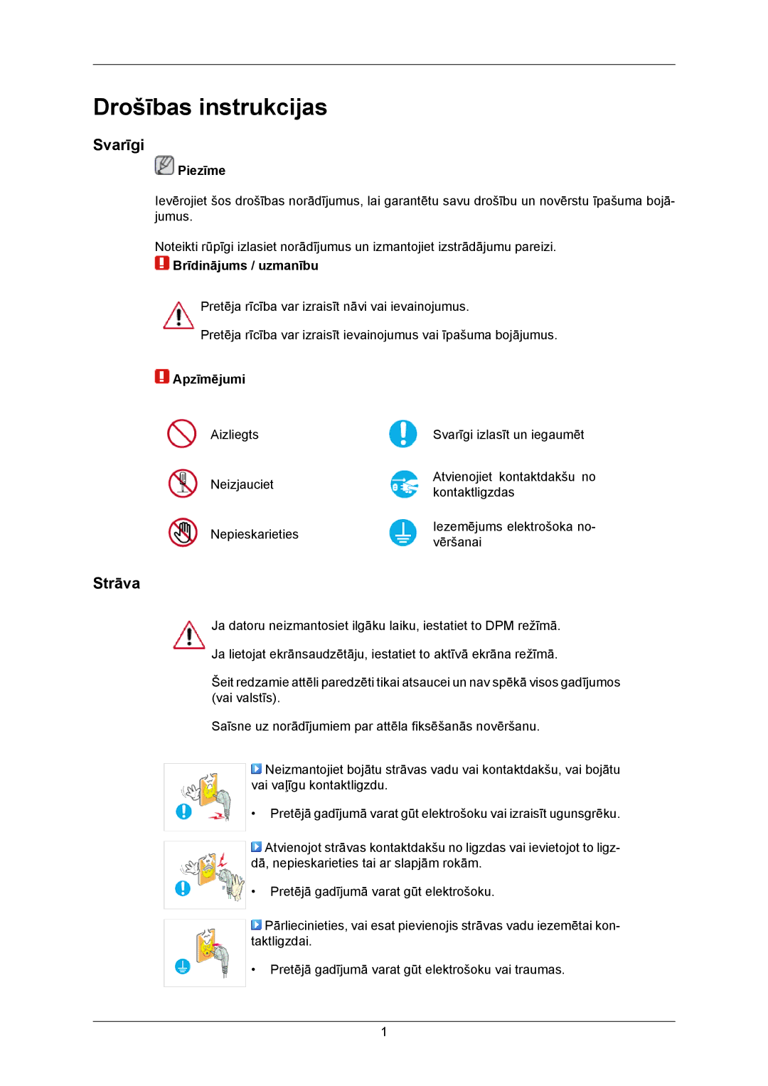 Samsung LS23MYZABC/EDC, LS23MYZABCA/EN manual Drošības instrukcijas, Svarīgi, Strāva 