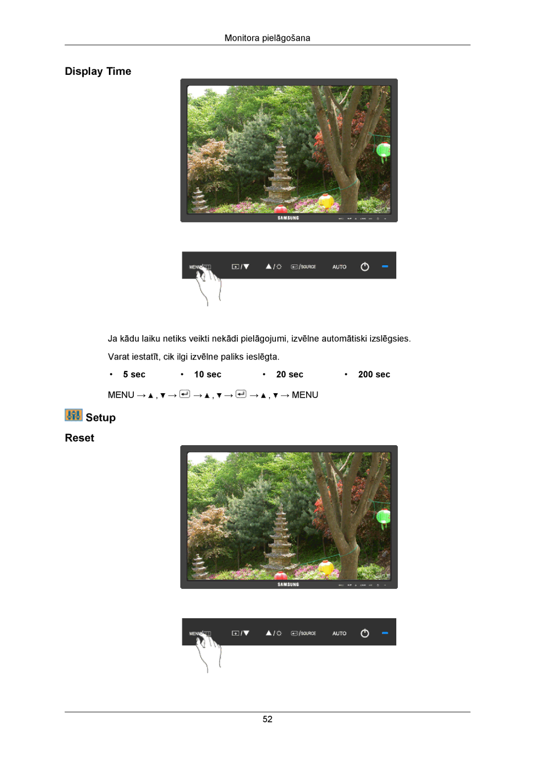 Samsung LS23MYZABC/EDC, LS23MYZABCA/EN manual Display Time, Setup Reset, Sec 10 sec 20 sec 200 sec 