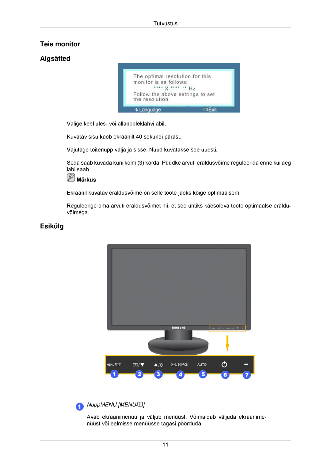 Samsung LS23MYZABC/EDC, LS23MYZABCA/EN manual Teie monitor Algsätted, Esikülg 