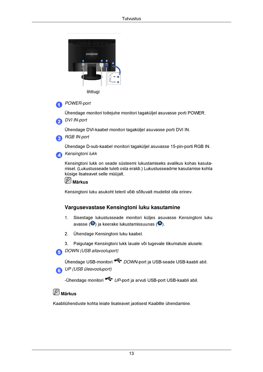 Samsung LS23MYZABC/EDC, LS23MYZABCA/EN manual Vargusevastase Kensingtoni luku kasutamine, POWER-port 