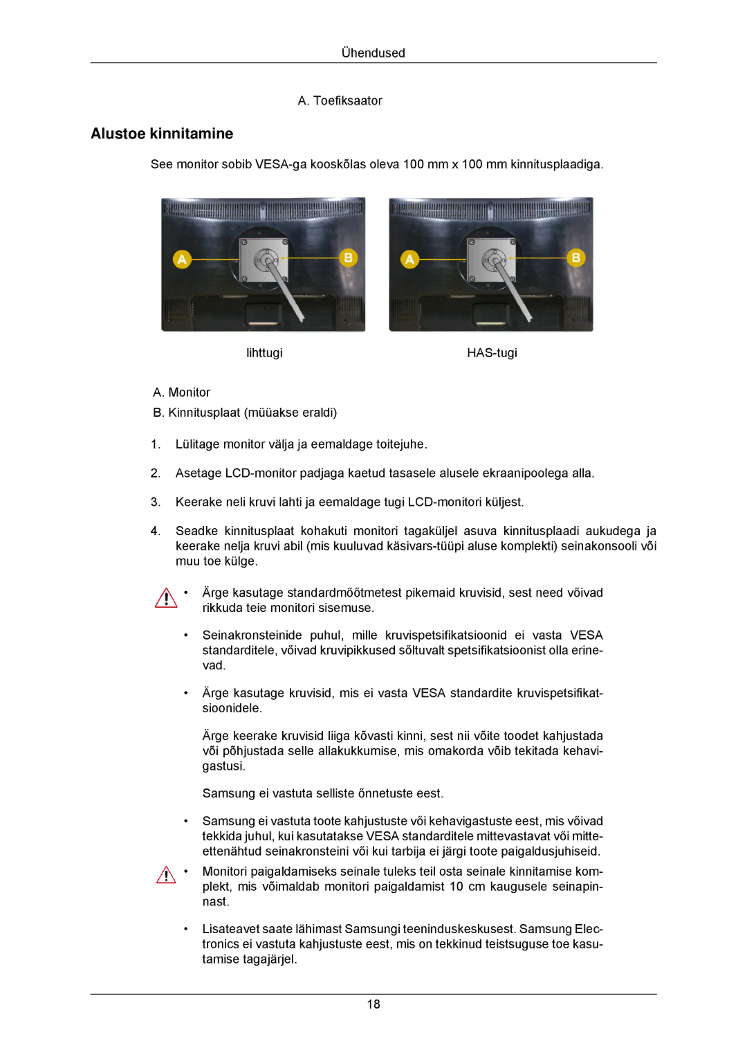 Samsung LS23MYZABCA/EN, LS23MYZABC/EDC manual Alustoe kinnitamine 