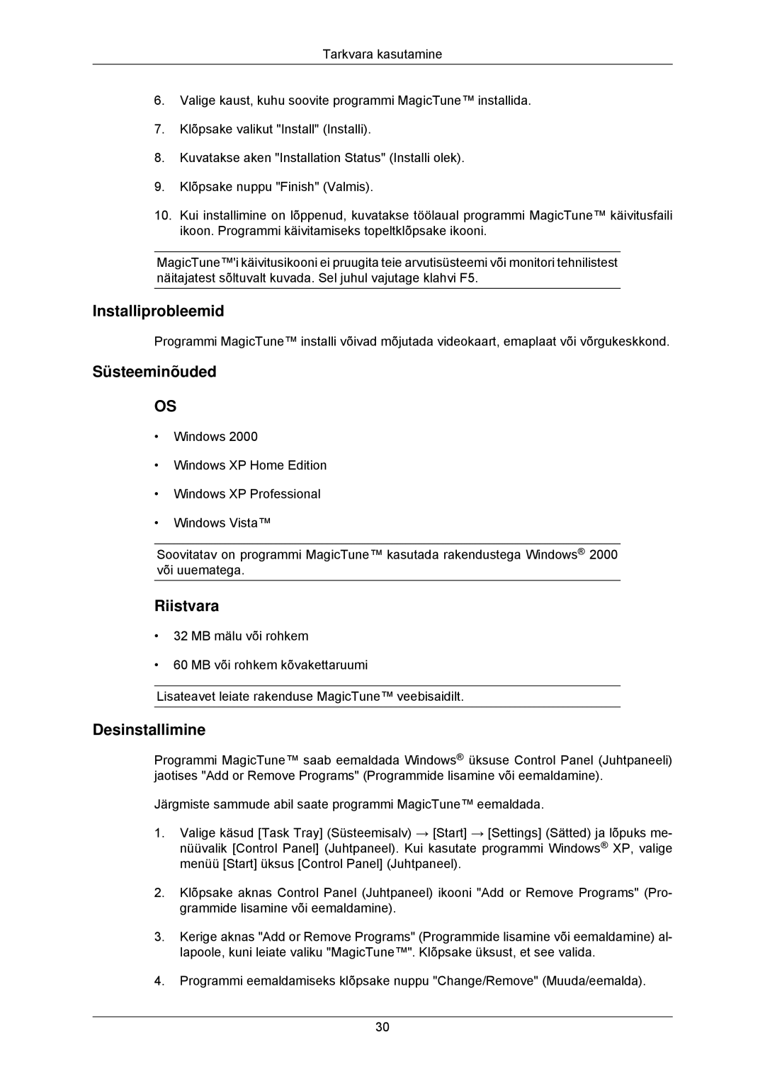 Samsung LS23MYZABCA/EN, LS23MYZABC/EDC manual Installiprobleemid, Süsteeminõuded, Riistvara, Desinstallimine 