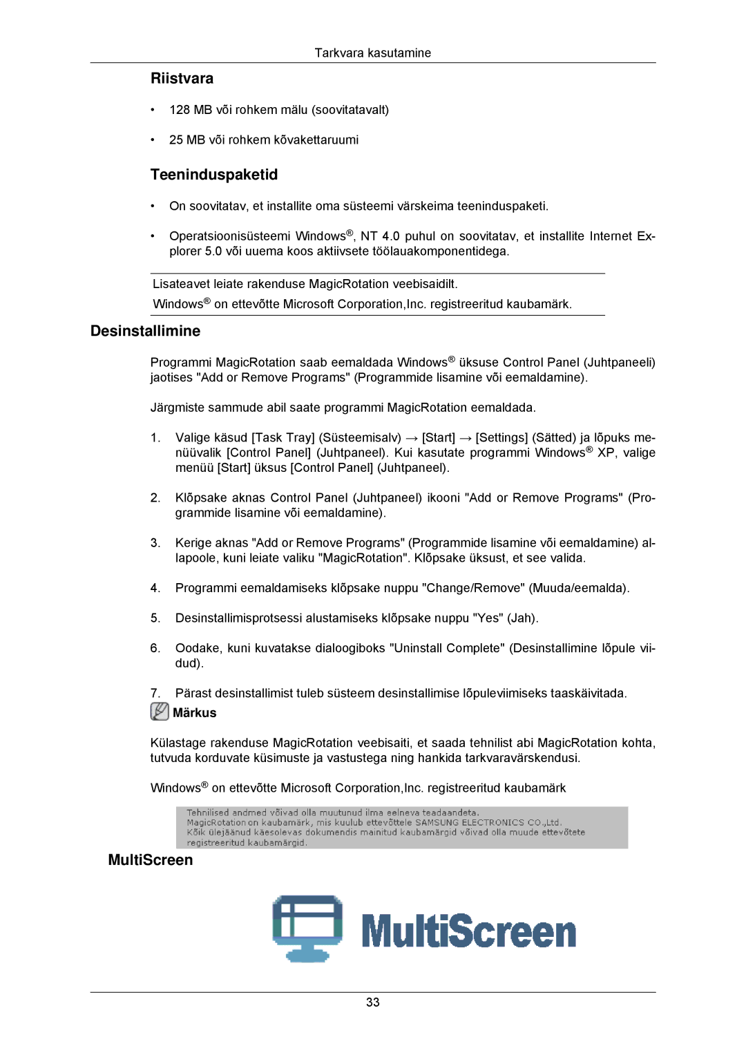 Samsung LS23MYZABC/EDC, LS23MYZABCA/EN manual Teeninduspaketid, MultiScreen 