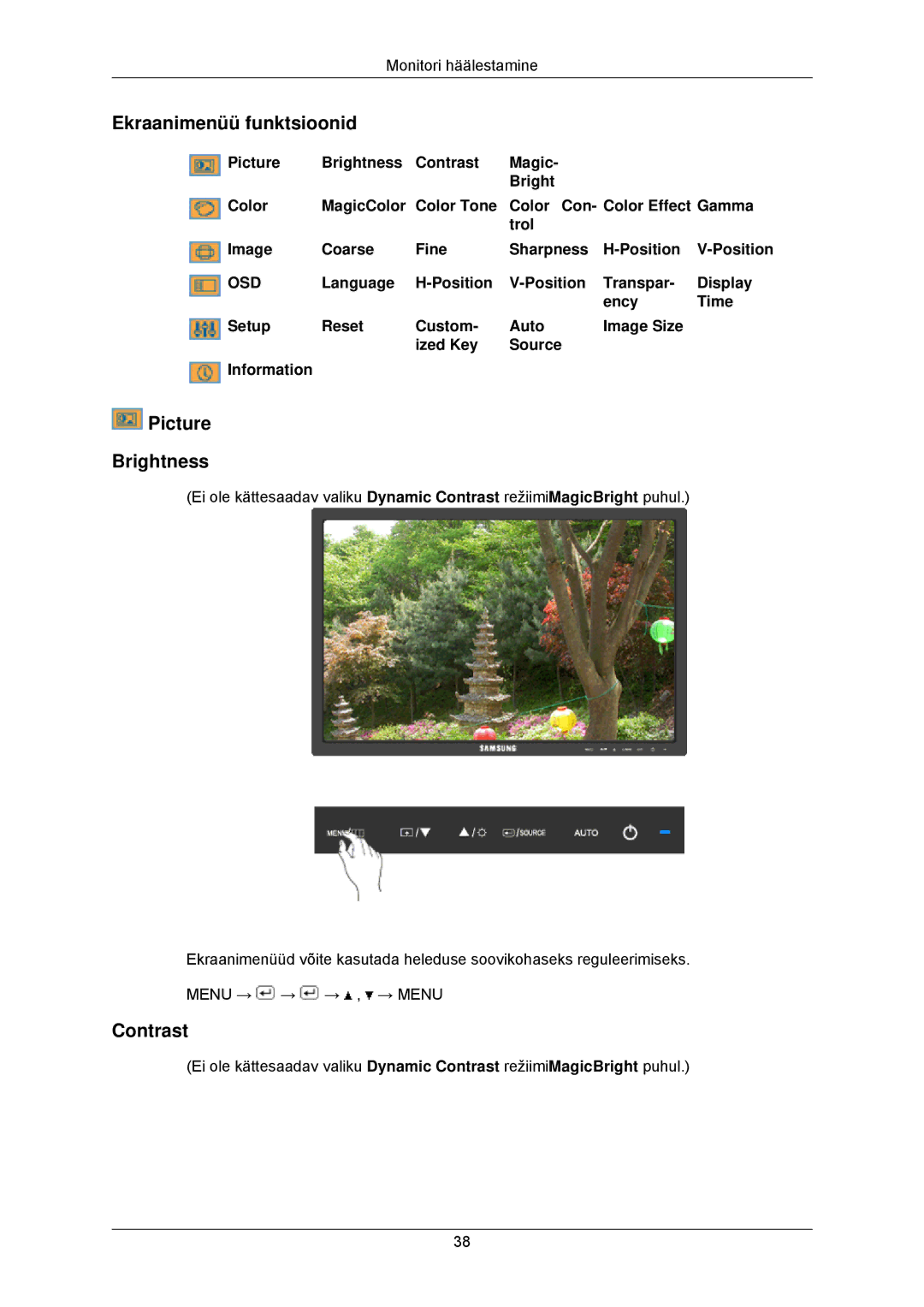 Samsung LS23MYZABCA/EN, LS23MYZABC/EDC manual Ekraanimenüü funktsioonid, Picture Brightness, Contrast 