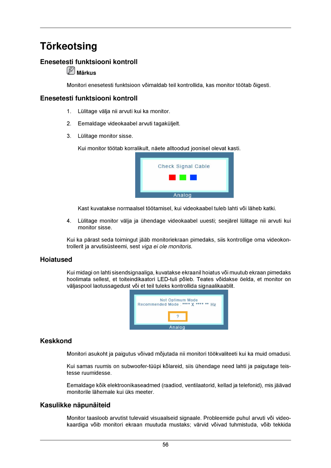 Samsung LS23MYZABCA/EN manual Tõrkeotsing, Enesetesti funktsiooni kontroll, Hoiatused, Keskkond, Kasulikke näpunäiteid 