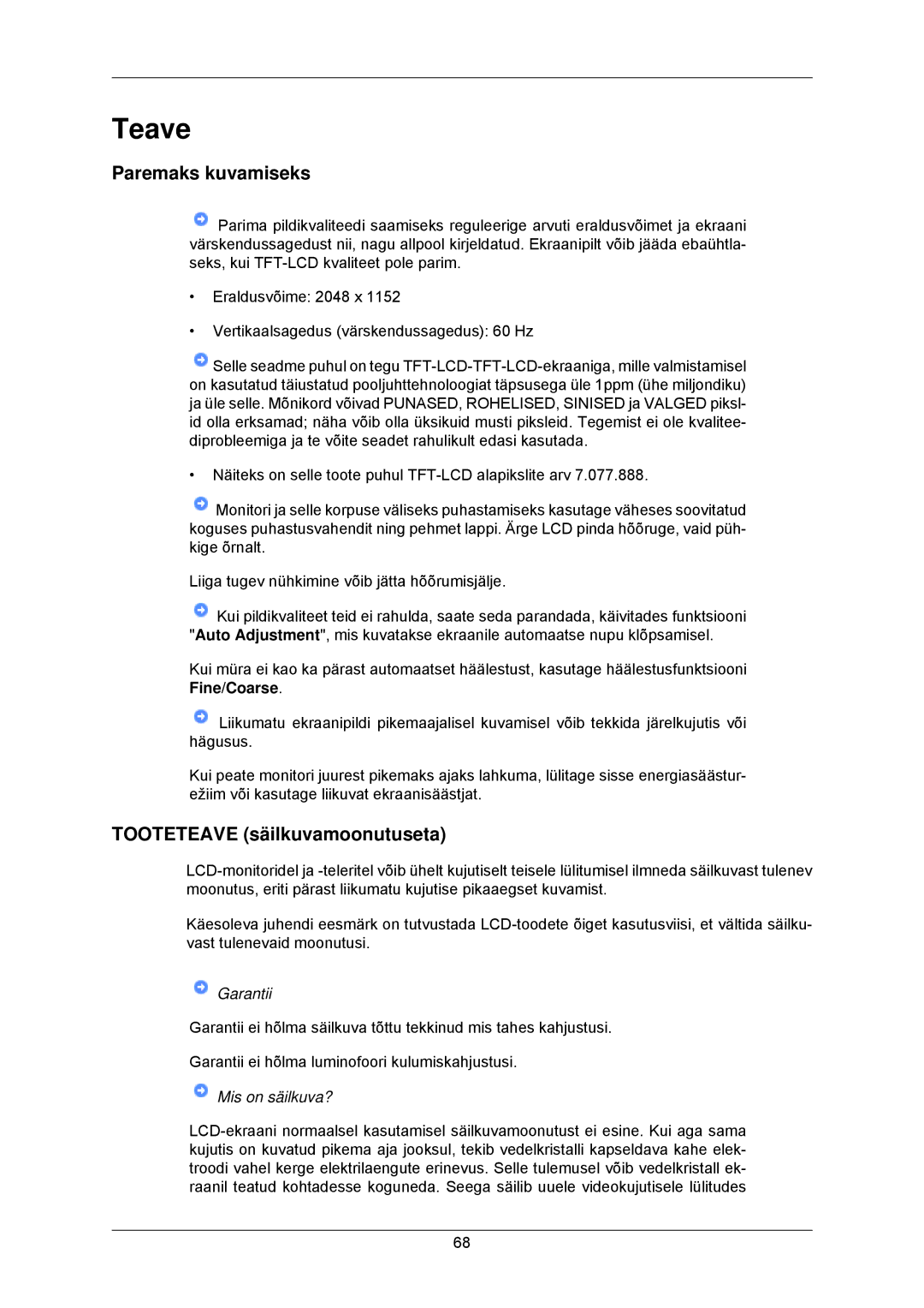 Samsung LS23MYZABCA/EN, LS23MYZABC/EDC manual Teave, Paremaks kuvamiseks, Tooteteave säilkuvamoonutuseta 