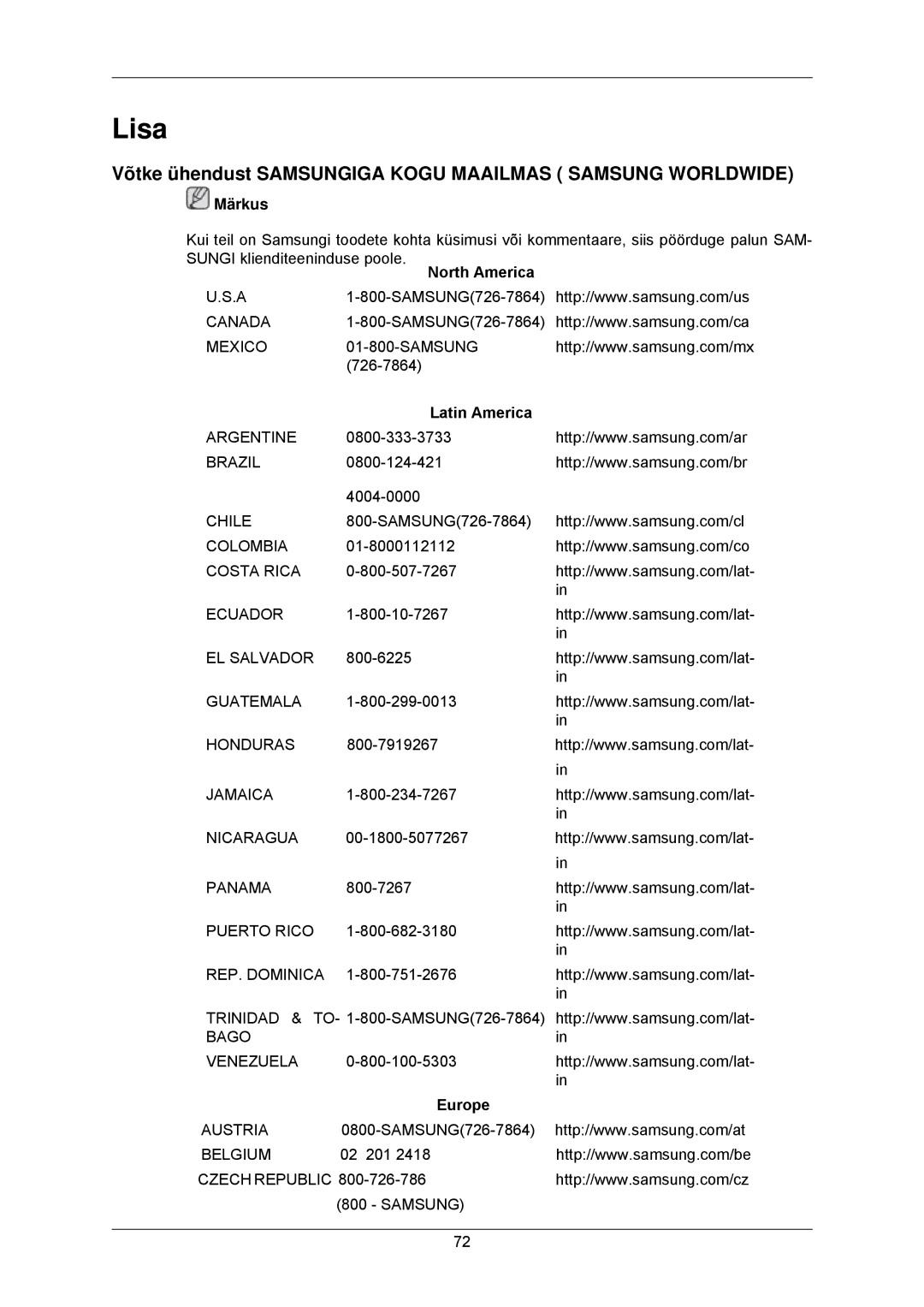 Samsung LS23MYZABCA/EN manual Lisa, Võtke ühendust Samsungiga Kogu Maailmas Samsung Worldwide, Latin America, Europe 