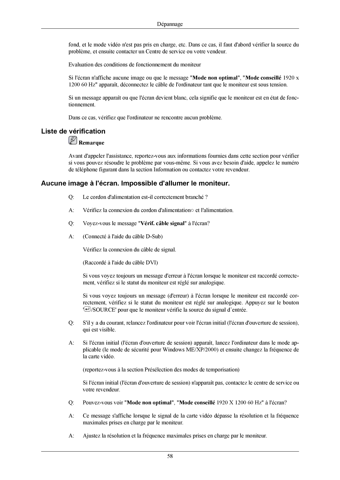 Samsung LS24MYKABC/EDC, LS23MYZABC/EDC manual Liste de vérification, Aucune image à lécran. Impossible dallumer le moniteur 