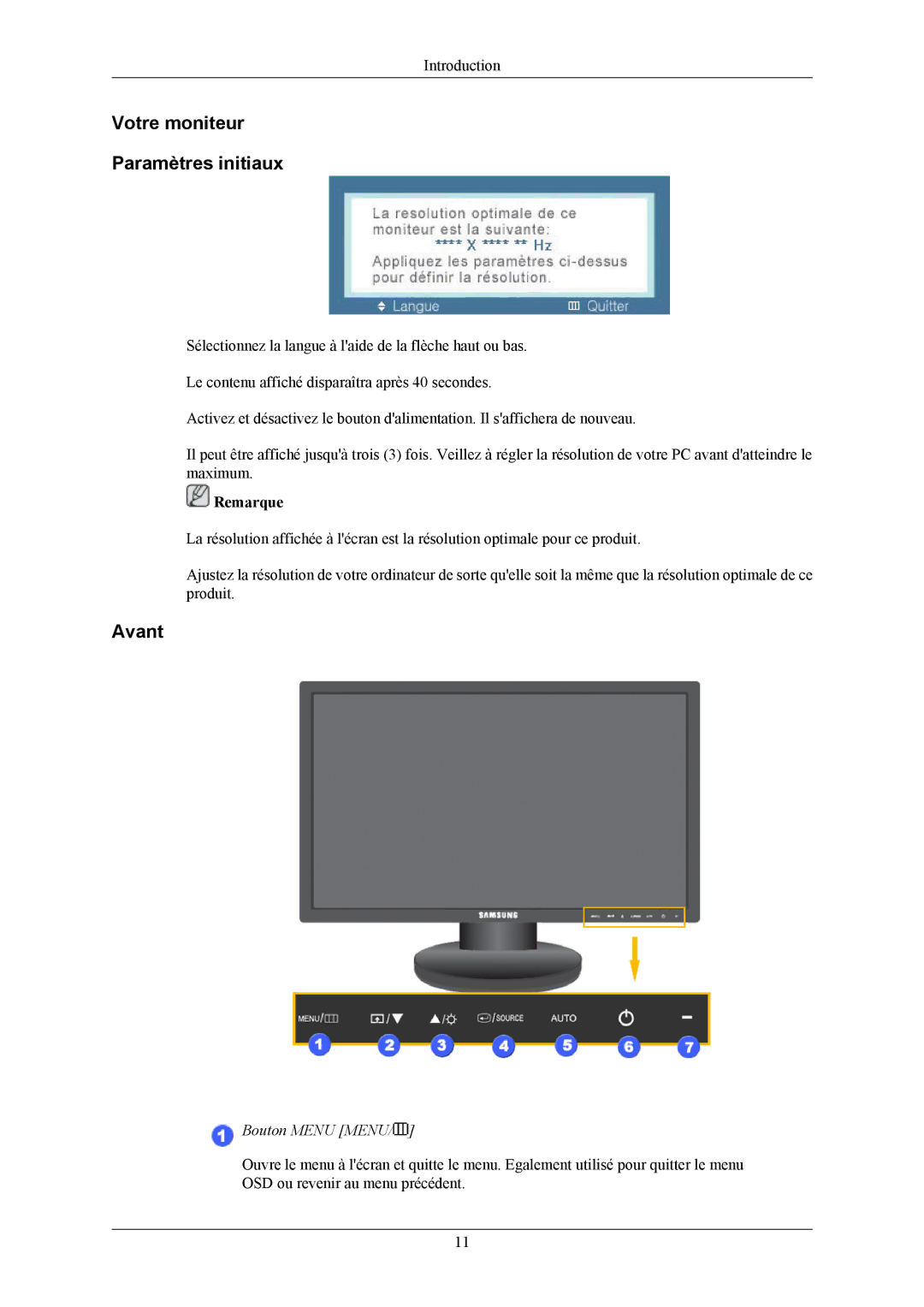 Samsung LS23MYZABC/EDC, LS24MYKABCA/EN, LS24MYKABC/EDC, LS23MYZABCA/EN manual Votre moniteur Paramètres initiaux, Avant 