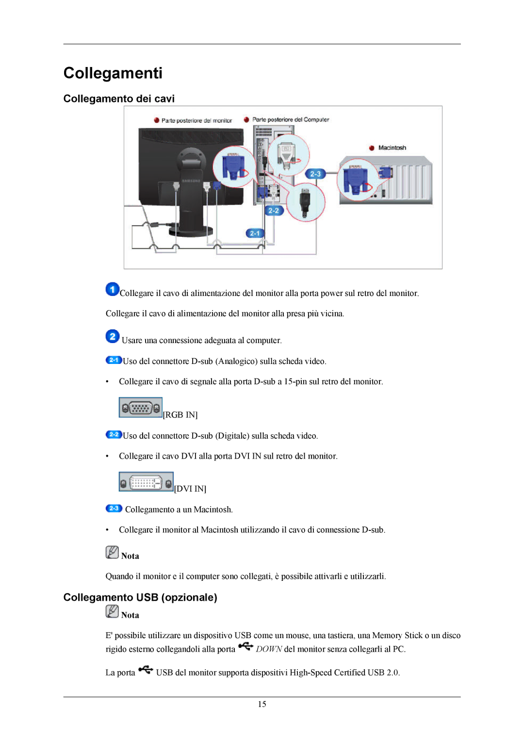 Samsung LS23MYZABC/EDC, LS24MYKABC/EDC manual Collegamento dei cavi, Collegamento USB opzionale 