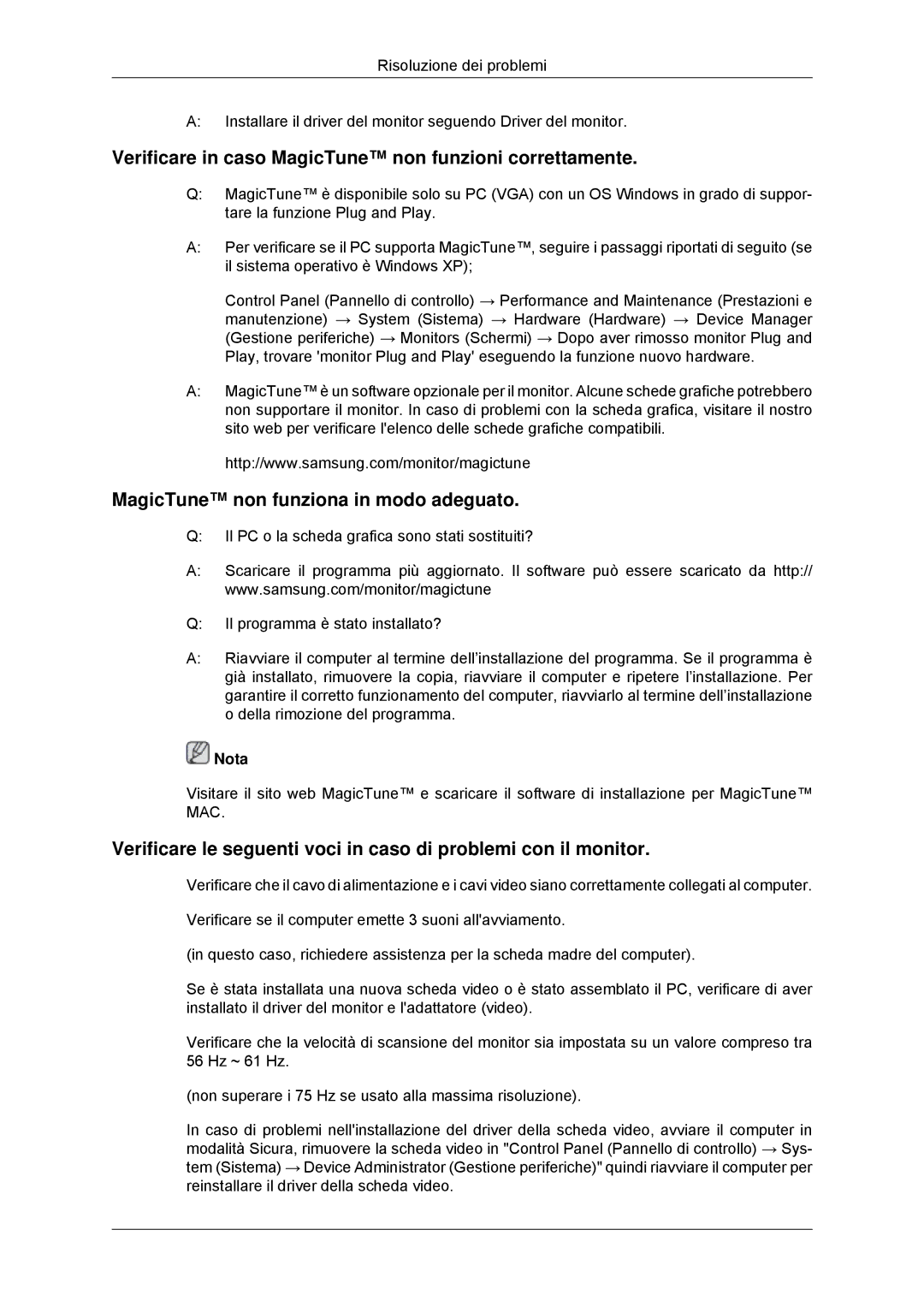 Samsung LS23MYZABC/EDC Verificare in caso MagicTune non funzioni correttamente, MagicTune non funziona in modo adeguato 