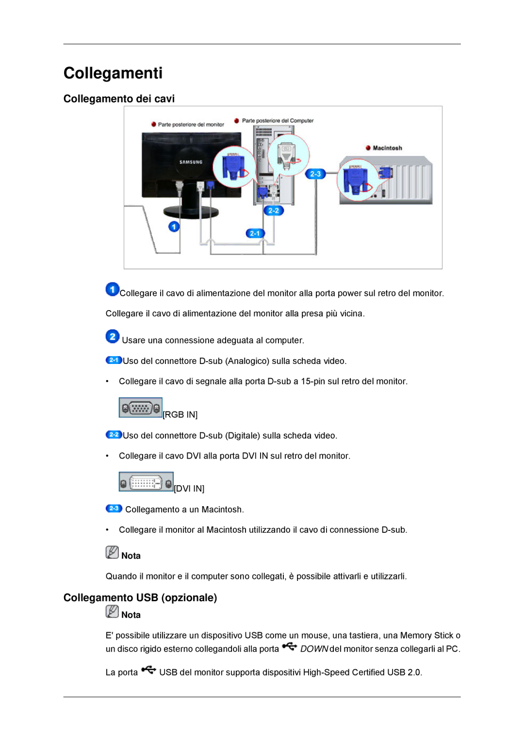 Samsung LS23MYZABC/EDC manual Collegamento dei cavi, Collegamento USB opzionale 