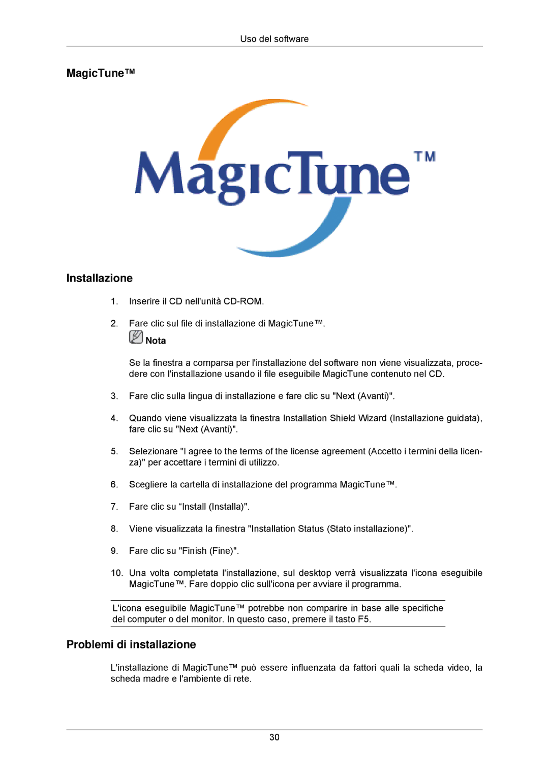 Samsung LS23MYZABC/EDC manual MagicTune Installazione, Problemi di installazione 