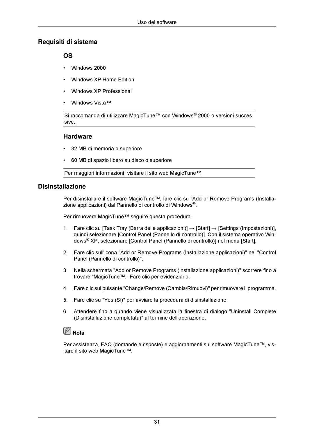 Samsung LS23MYZABC/EDC manual Requisiti di sistema, Hardware, Disinstallazione 