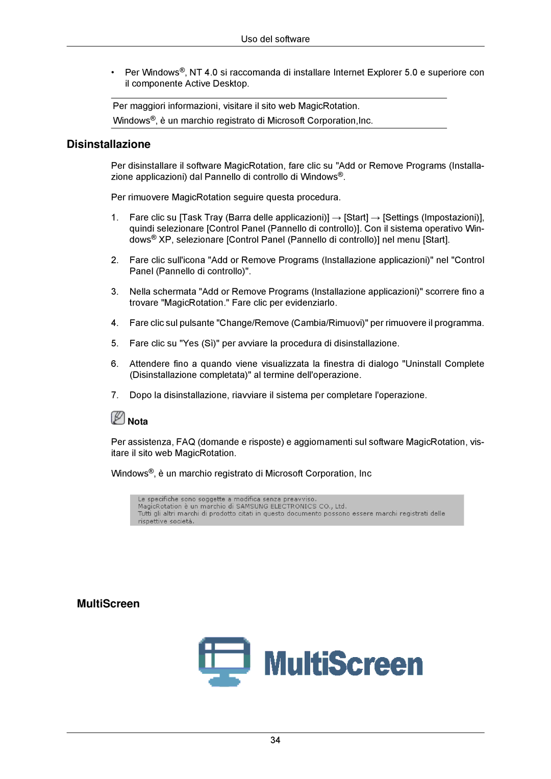 Samsung LS23MYZABC/EDC manual Disinstallazione, MultiScreen 