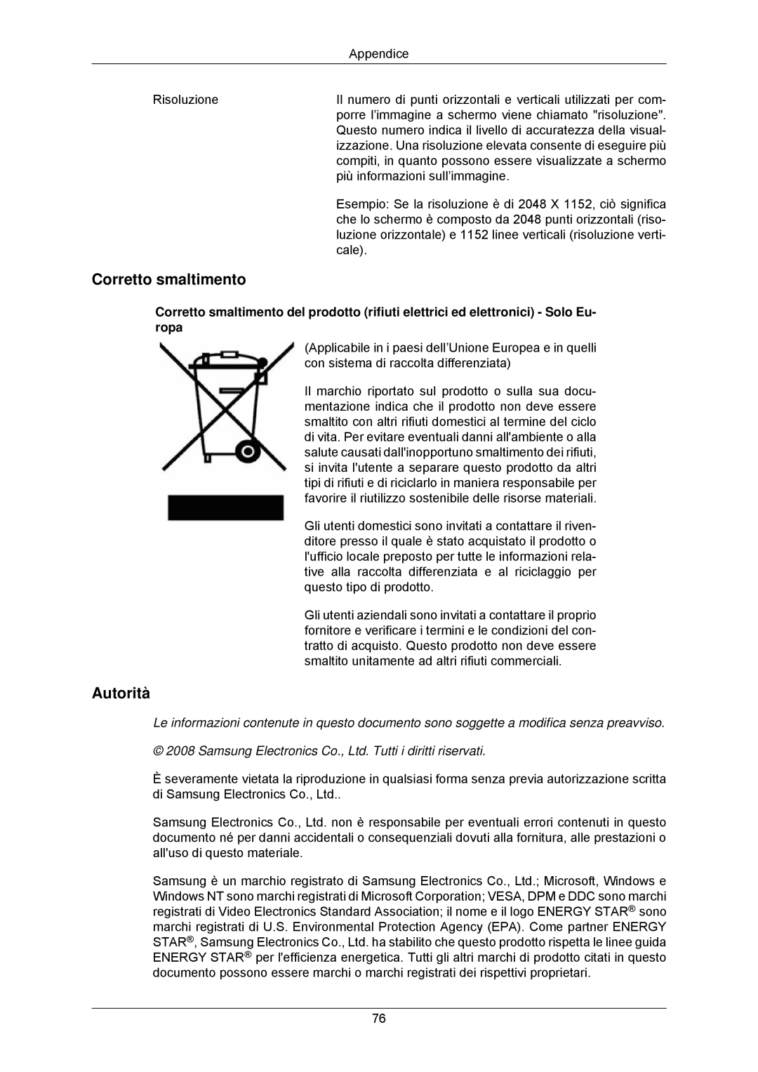 Samsung LS23MYZABC/EDC manual Corretto smaltimento, Autorità 