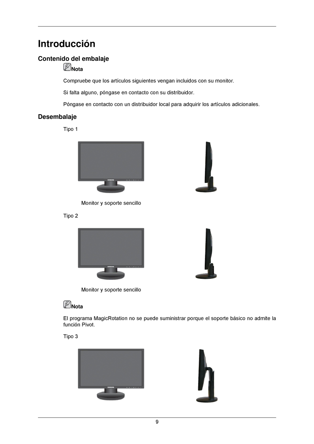 Samsung LS23MYZABC/EDC manual Introducción, Contenido del embalaje, Desembalaje 