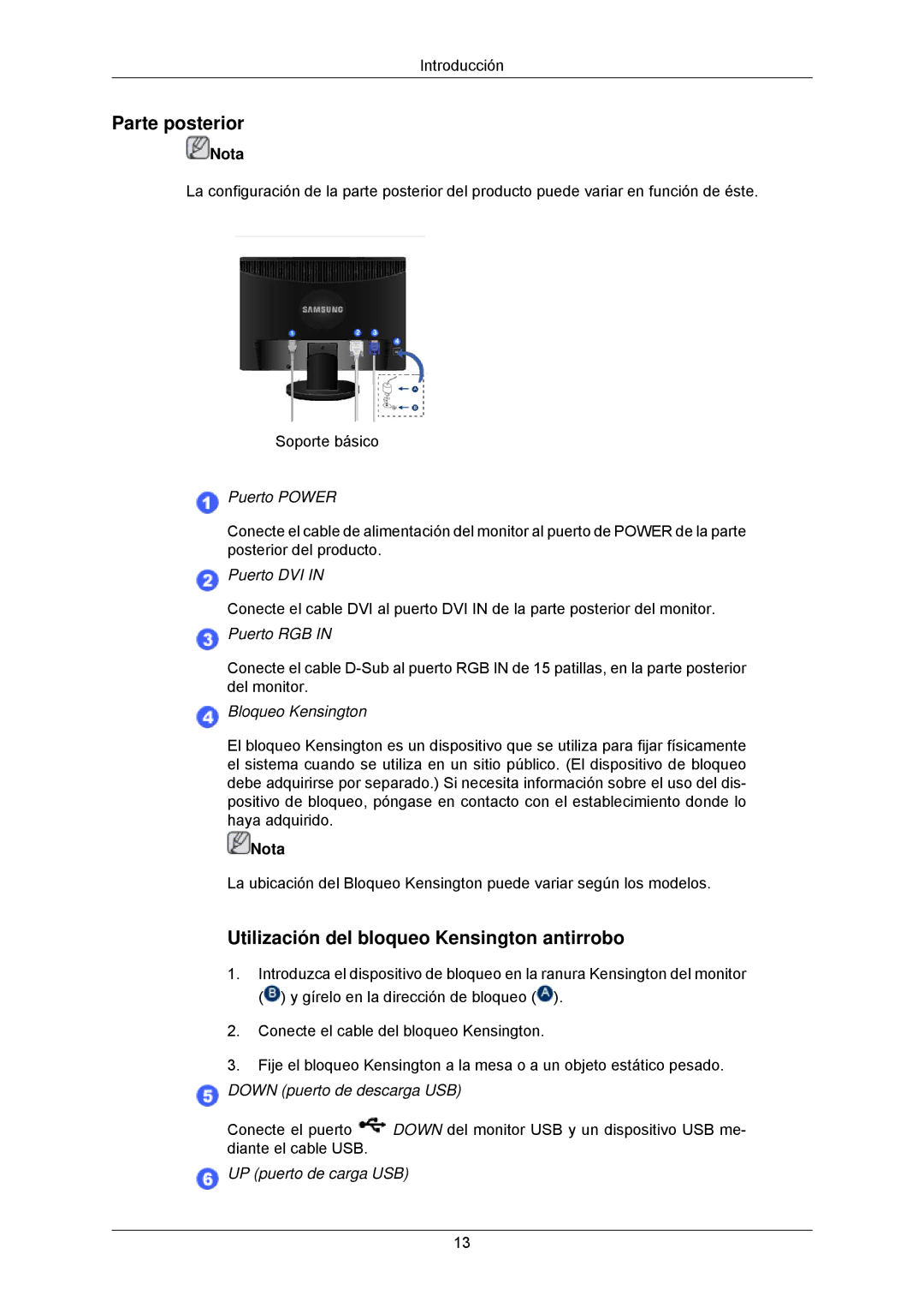 Samsung LS23MYZABC/EDC manual Parte posterior, Utilización del bloqueo Kensington antirrobo 