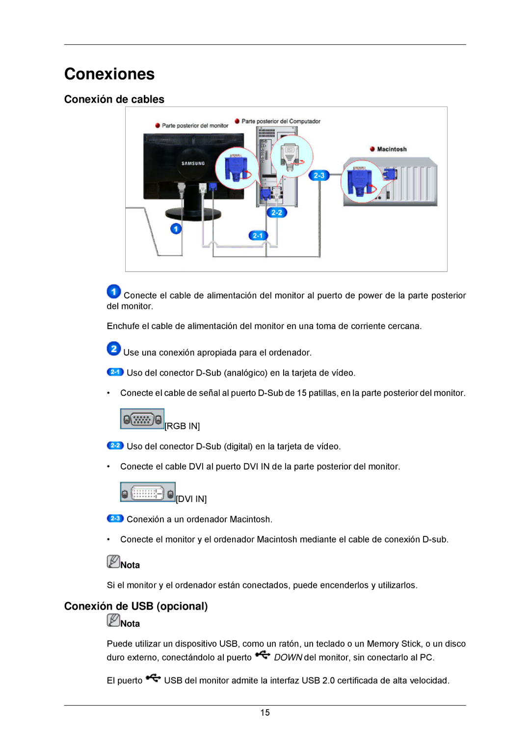 Samsung LS23MYZABC/EDC manual Conexiones, Conexión de cables, Conexión de USB opcional 